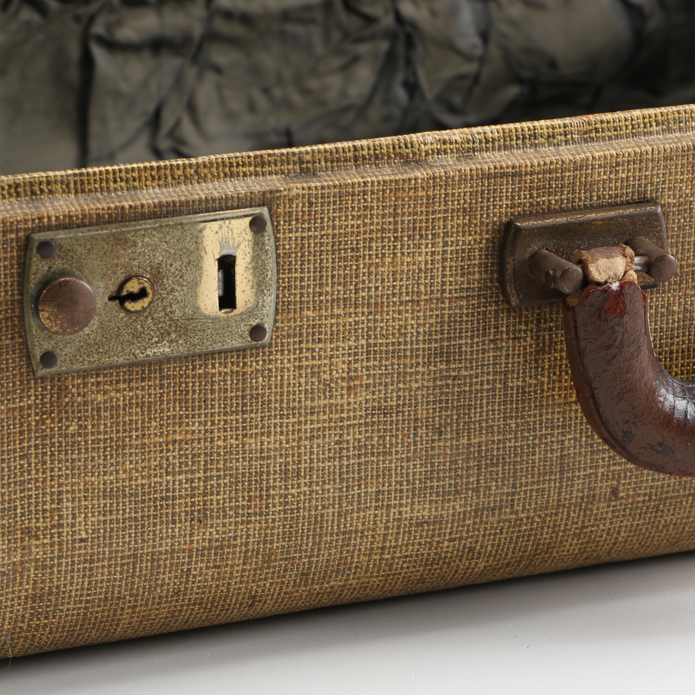 Vintage Tan Canvas Covered Suitcase with Brown Leather Handle and Trim