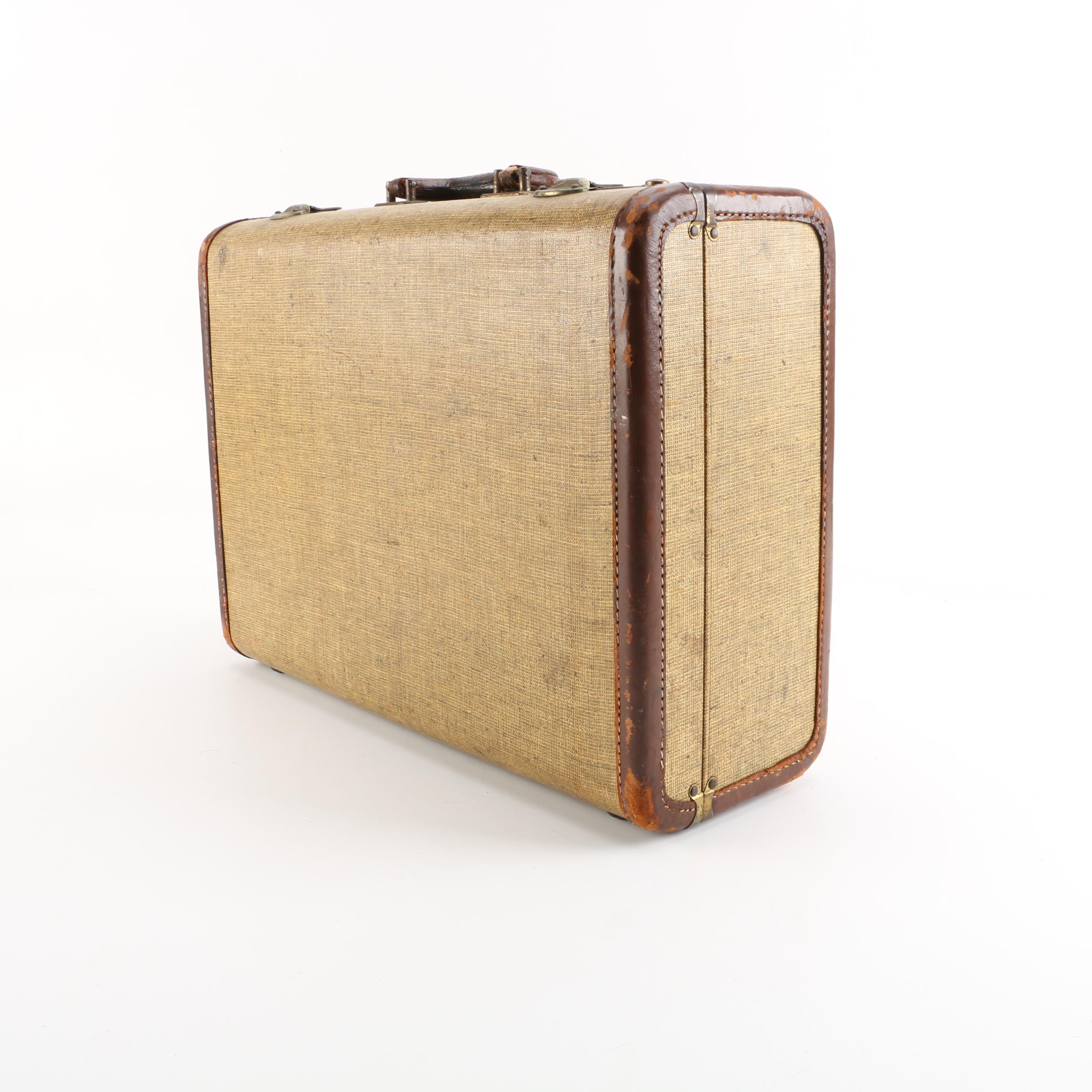 Vintage Tan Canvas Covered Suitcase with Brown Leather Handle and Trim