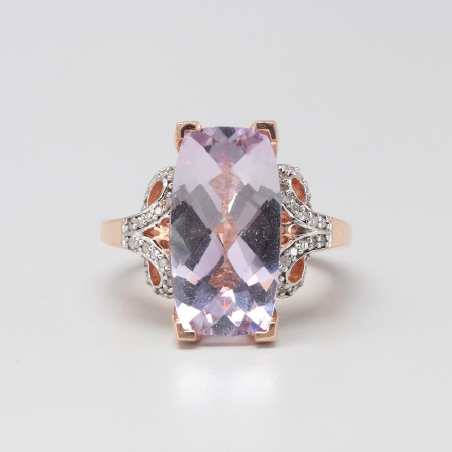 14K Rose Gold 8.89 CT Kunzite and Diamond Ring