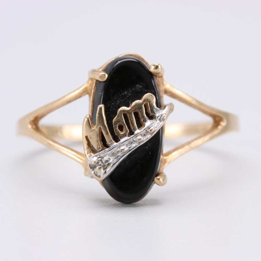 10K Yellow Gold Black Onyx and Diamond "Mom" Ring