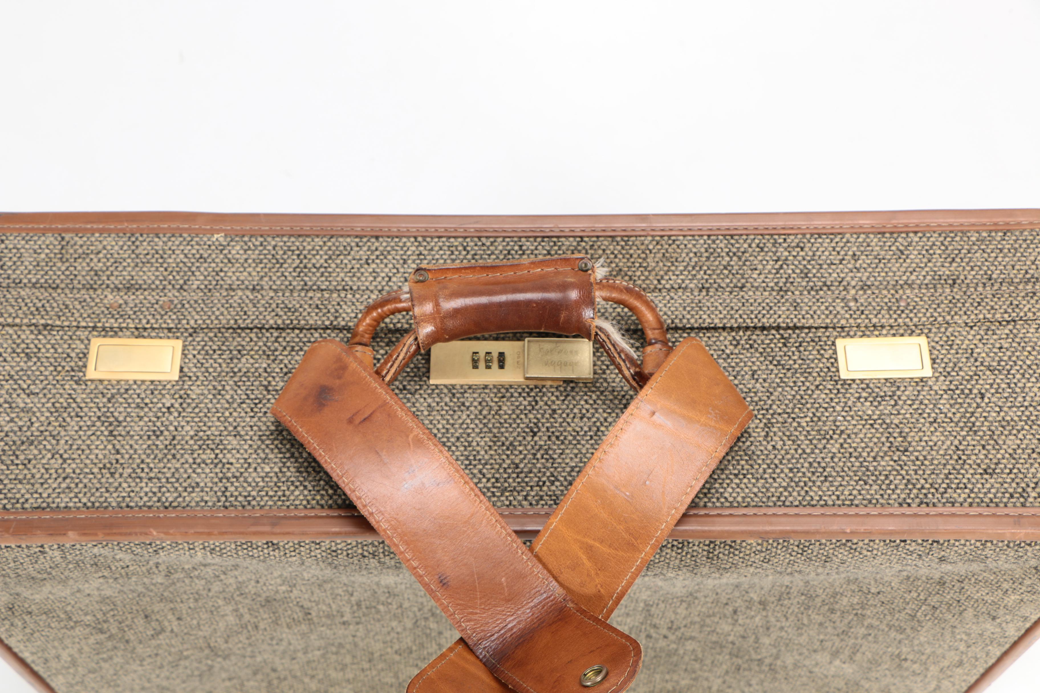 Vintage Hartmann Tweed and Leather Suitcase with Combination Lock Closure