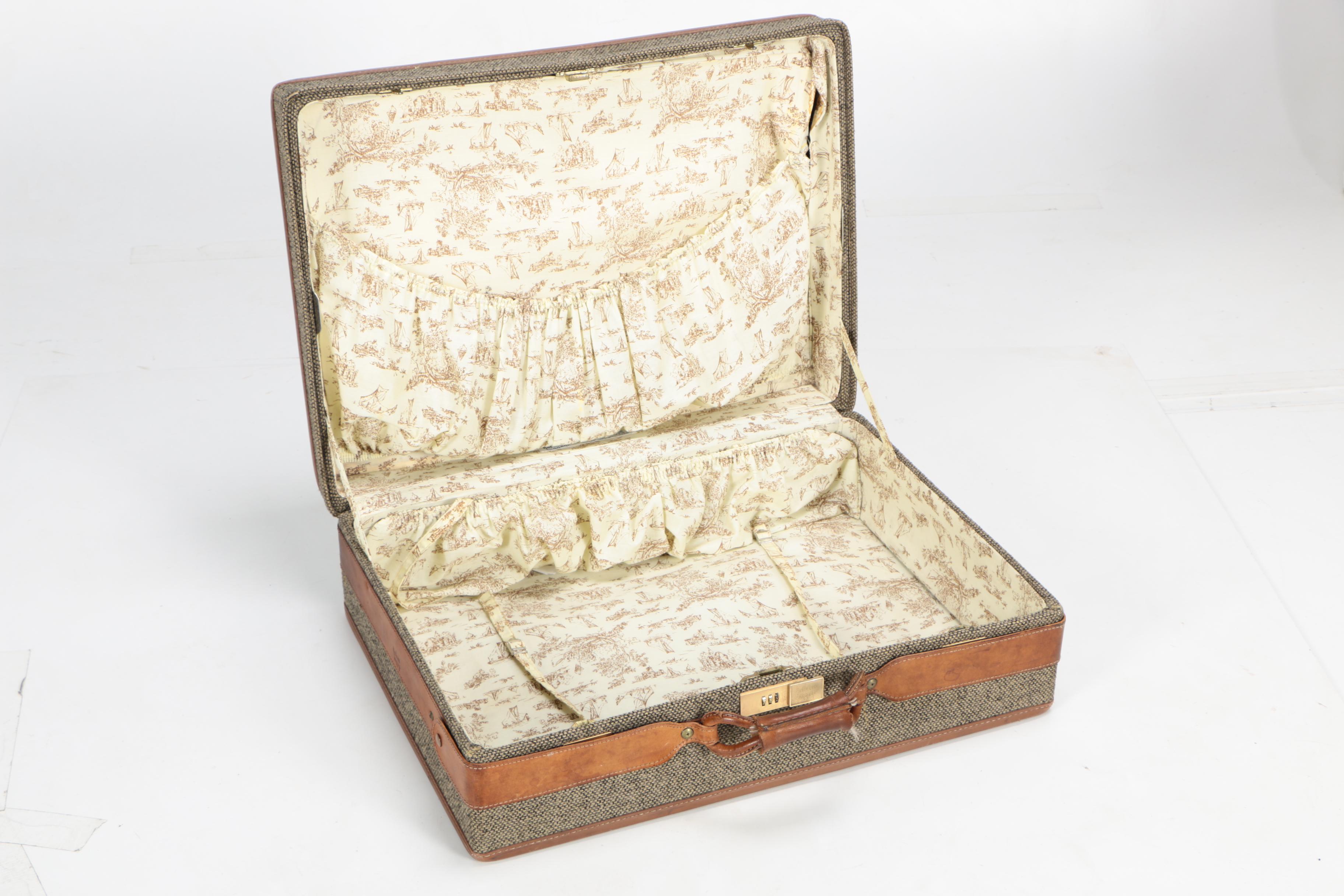 Vintage Hartmann Tweed and Leather Suitcase with Combination Lock Closure