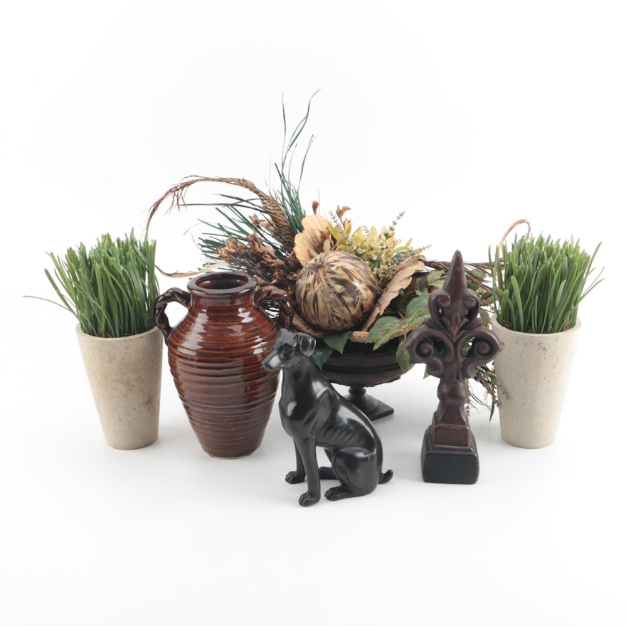 Artificial Plants and Floral Arrangement with Cast Iron and Wood Figurines