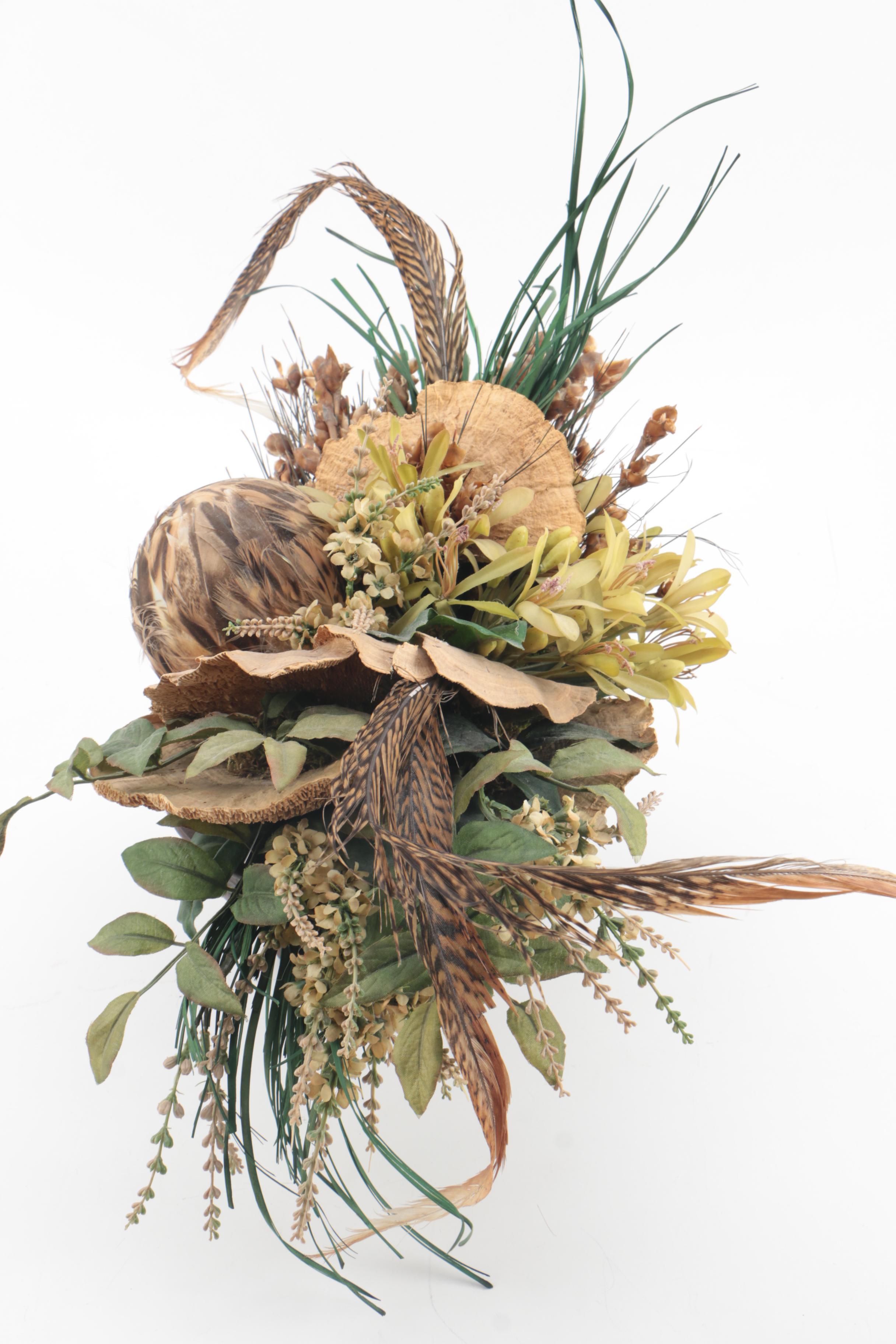 Artificial Plants and Floral Arrangement with Cast Iron and Wood Figurines