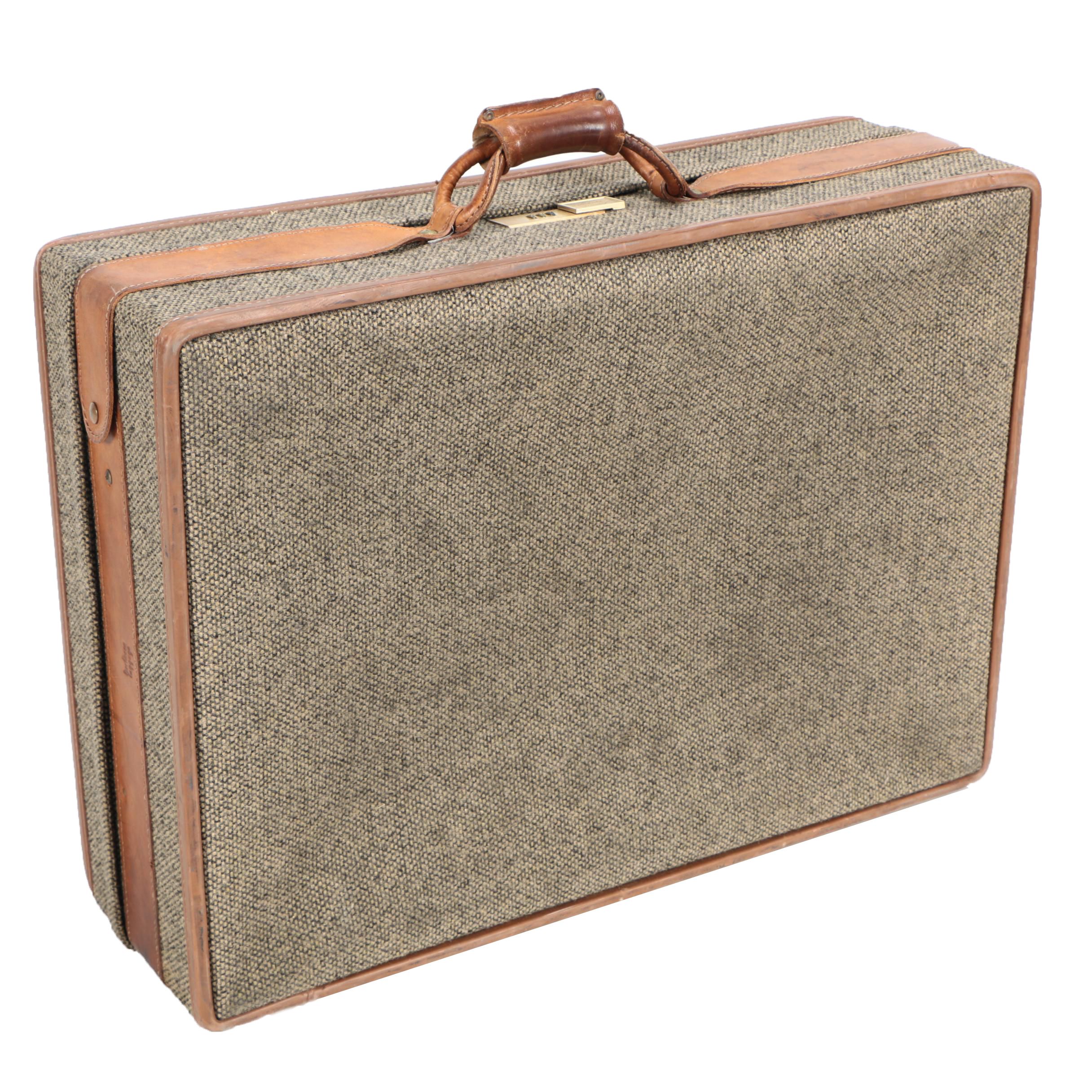 Vintage Hartmann Tweed and Leather Suitcase with Combination Lock Closure