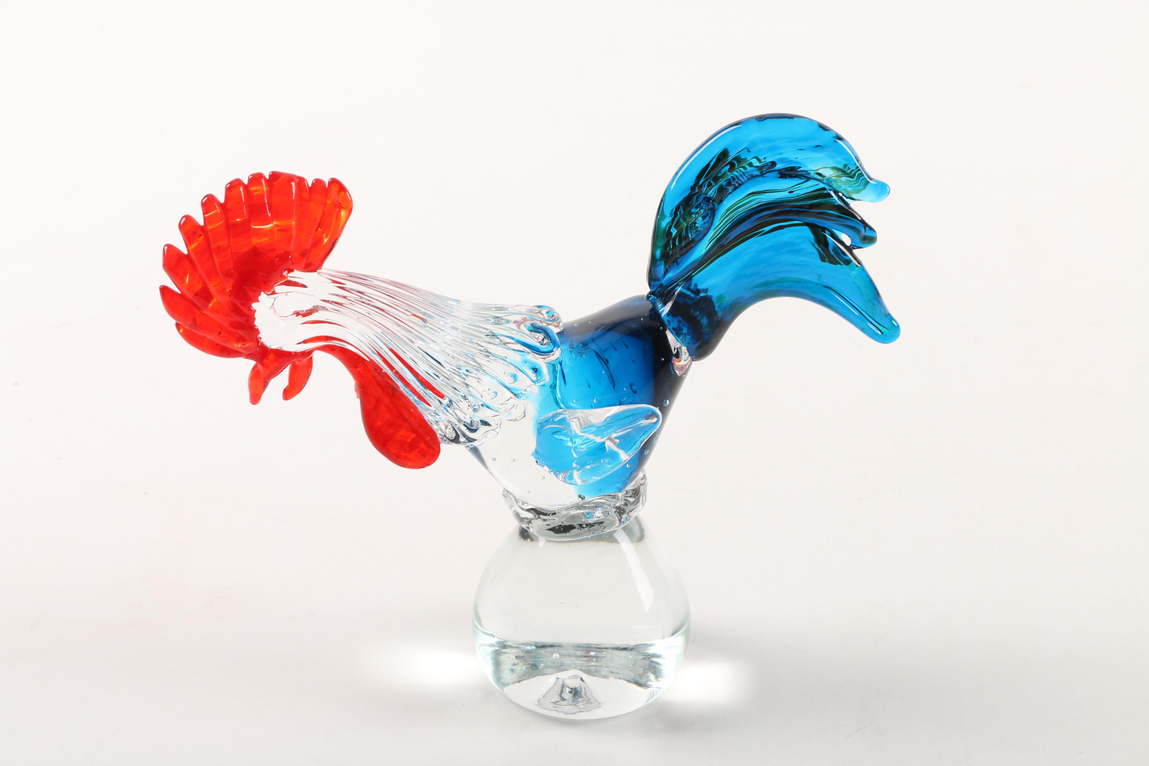 Red and Blue Blown Glass Rooster Paperweight