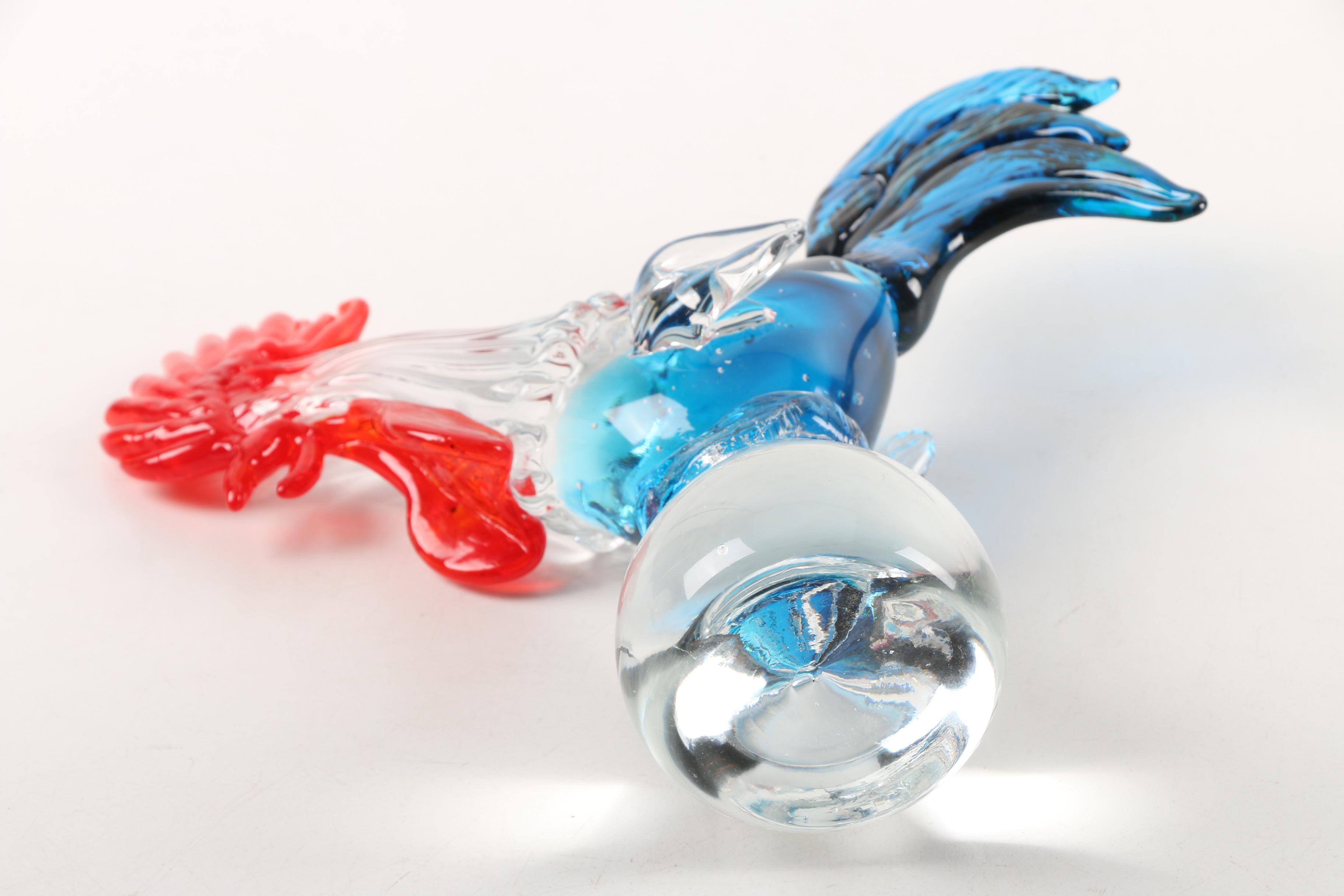 Red and Blue Blown Glass Rooster Paperweight