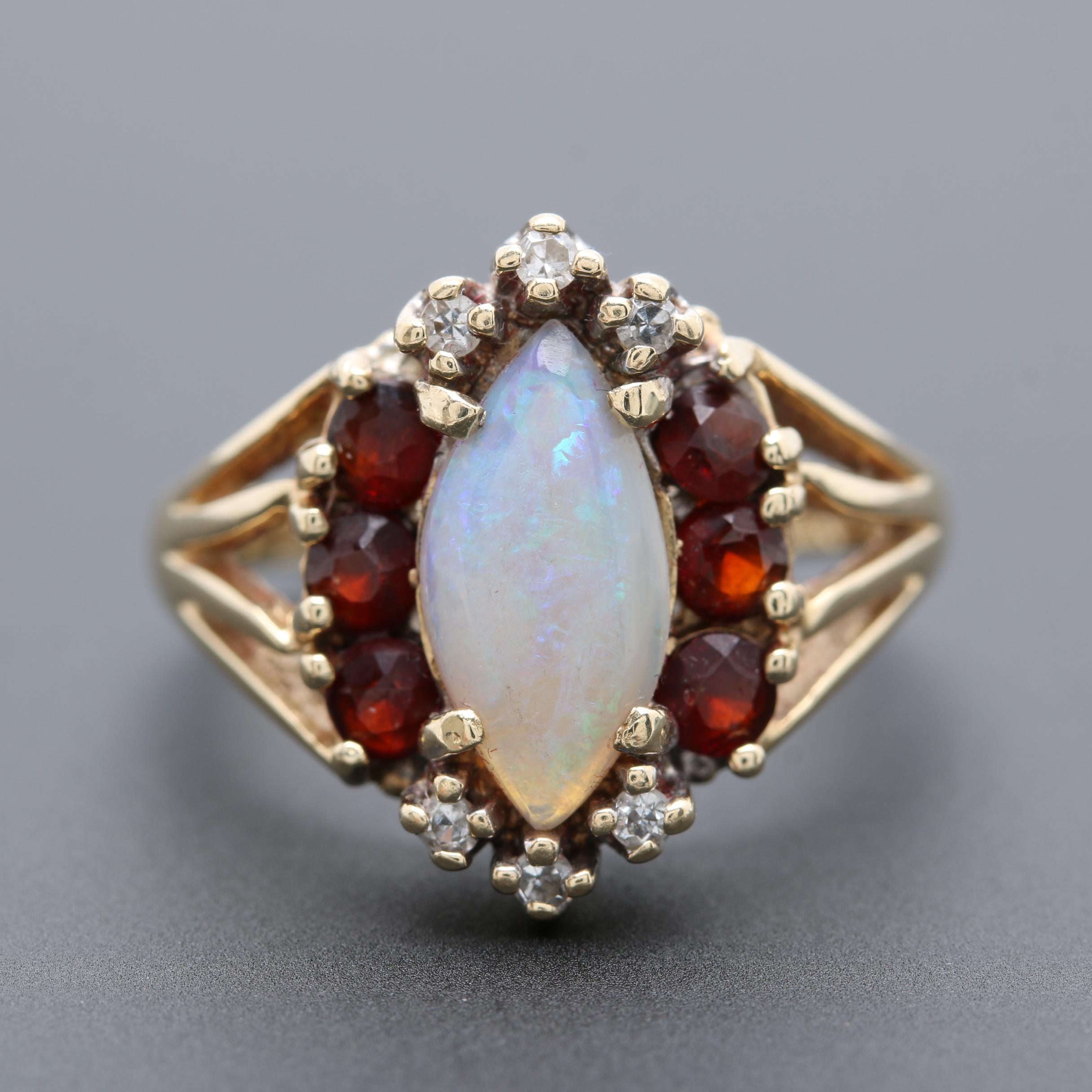 14K Yellow Gold Opal, Garnet and Diamond Ring