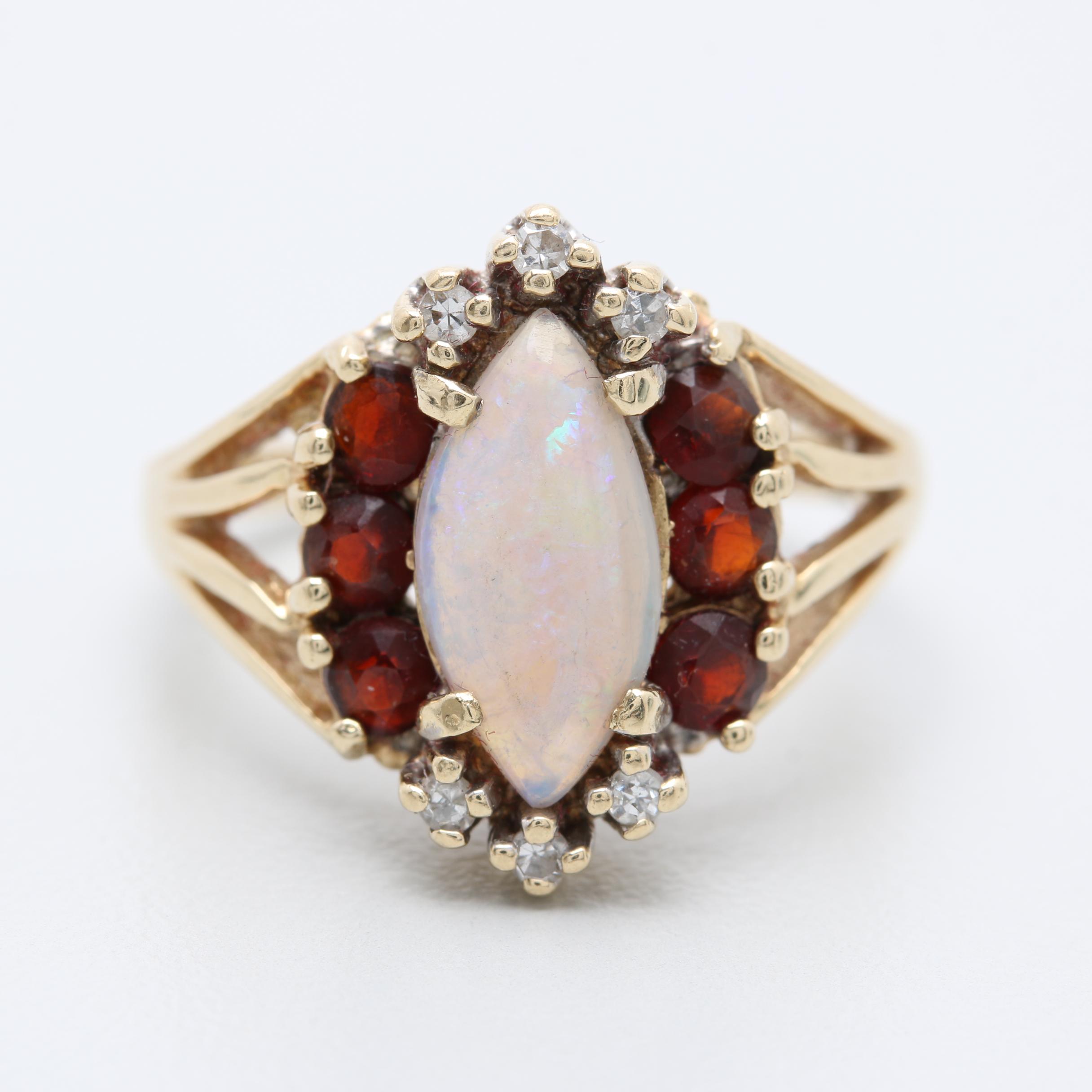14K Yellow Gold Opal, Garnet and Diamond Ring