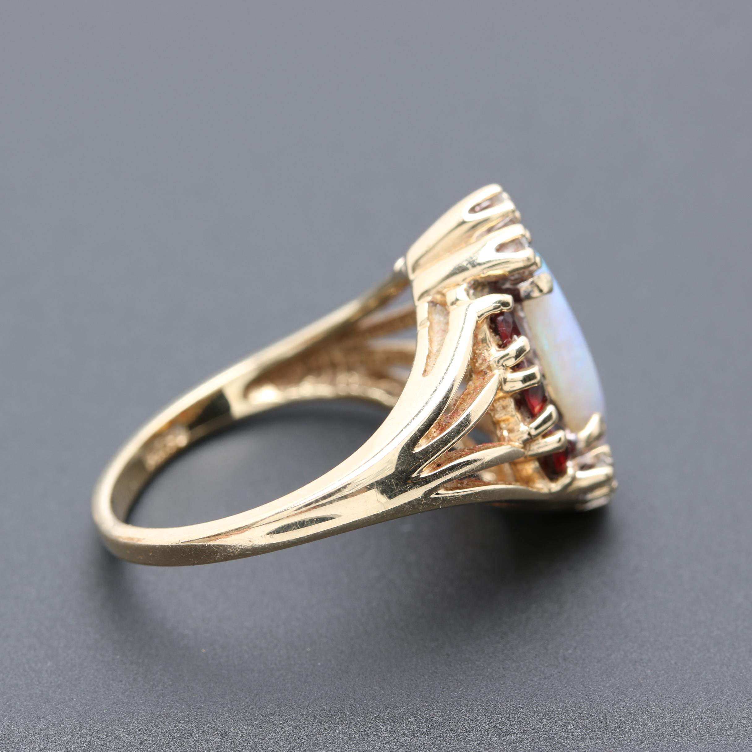 14K Yellow Gold Opal, Garnet and Diamond Ring