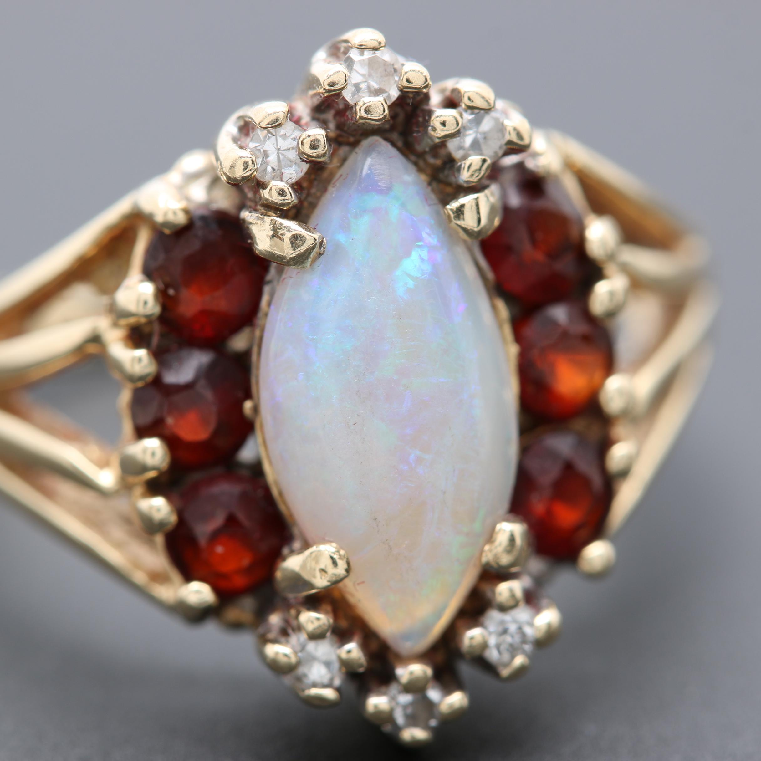 14K Yellow Gold Opal, Garnet and Diamond Ring