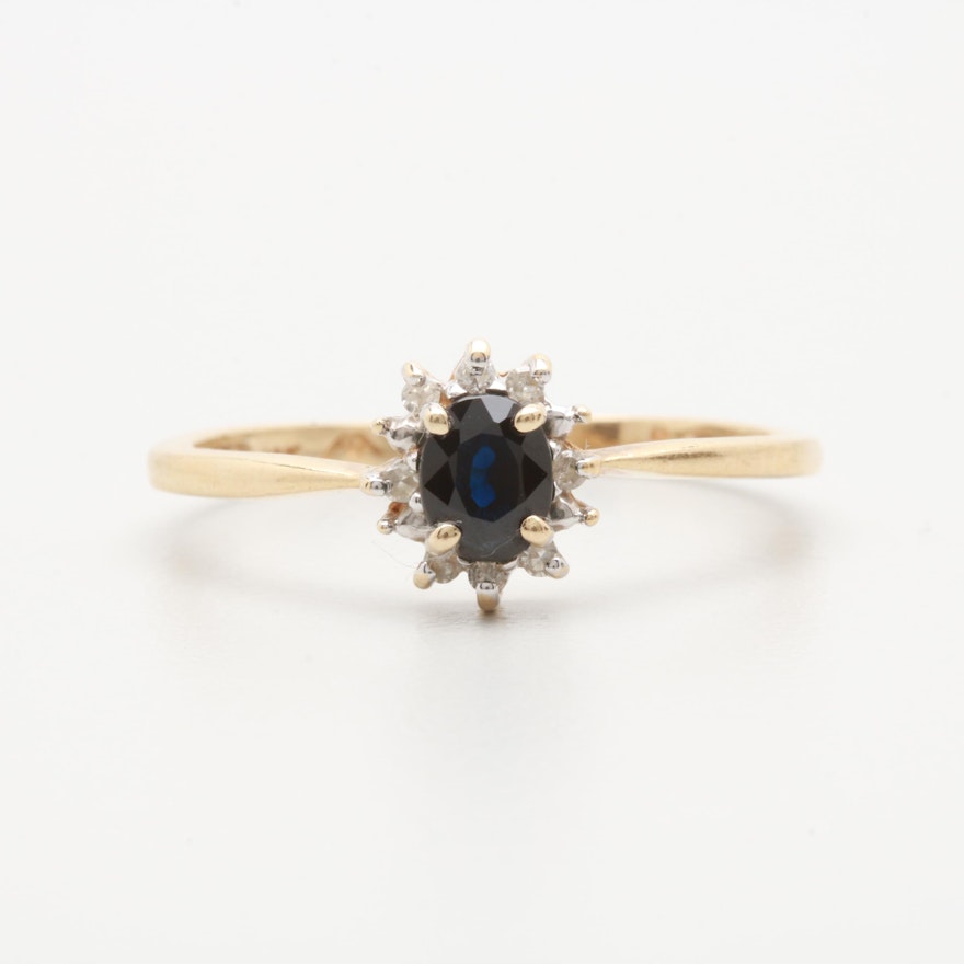 10K Yellow Gold Blue Sapphire and Diamond Halo Ring