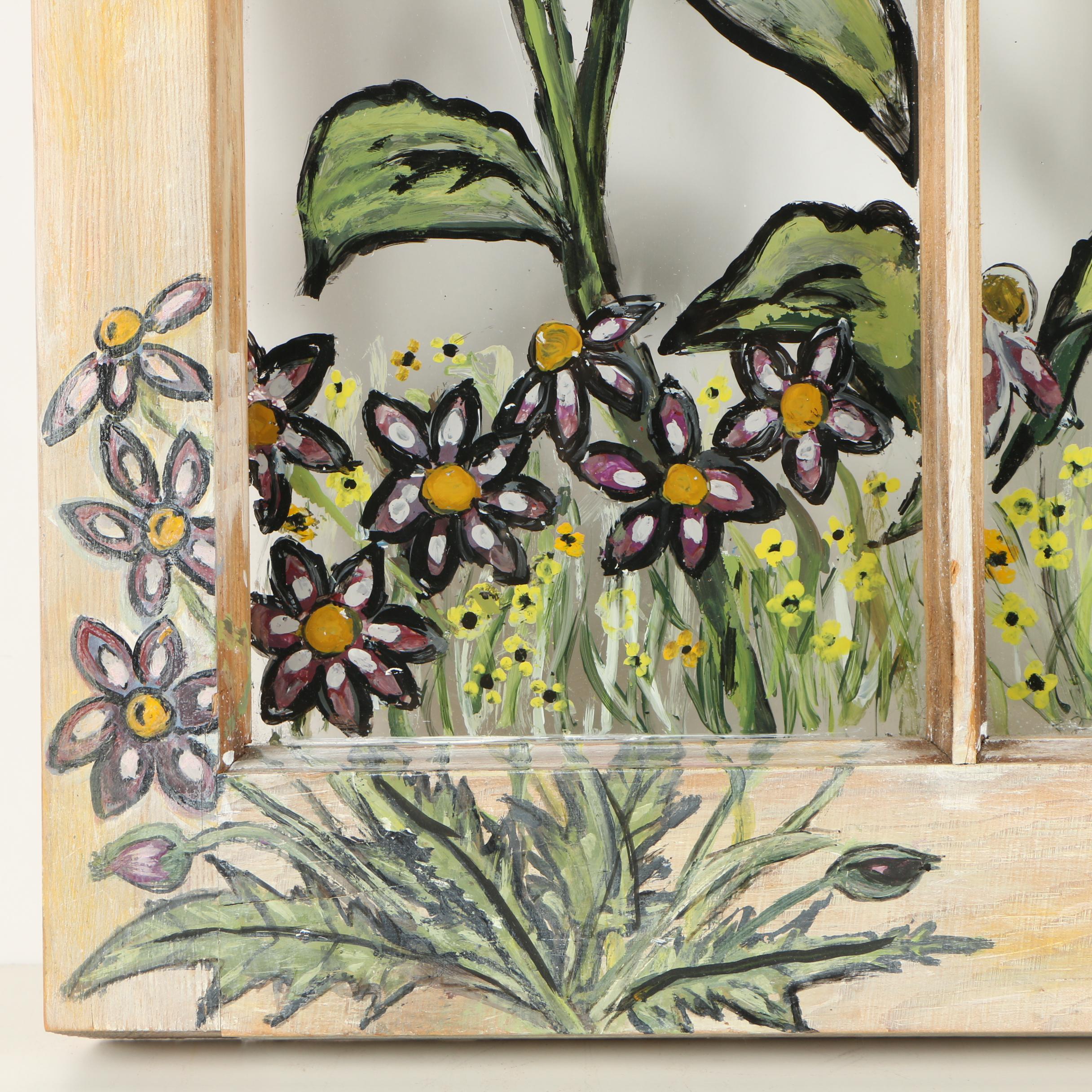 Floral Oil Painting on Glass Paned Window