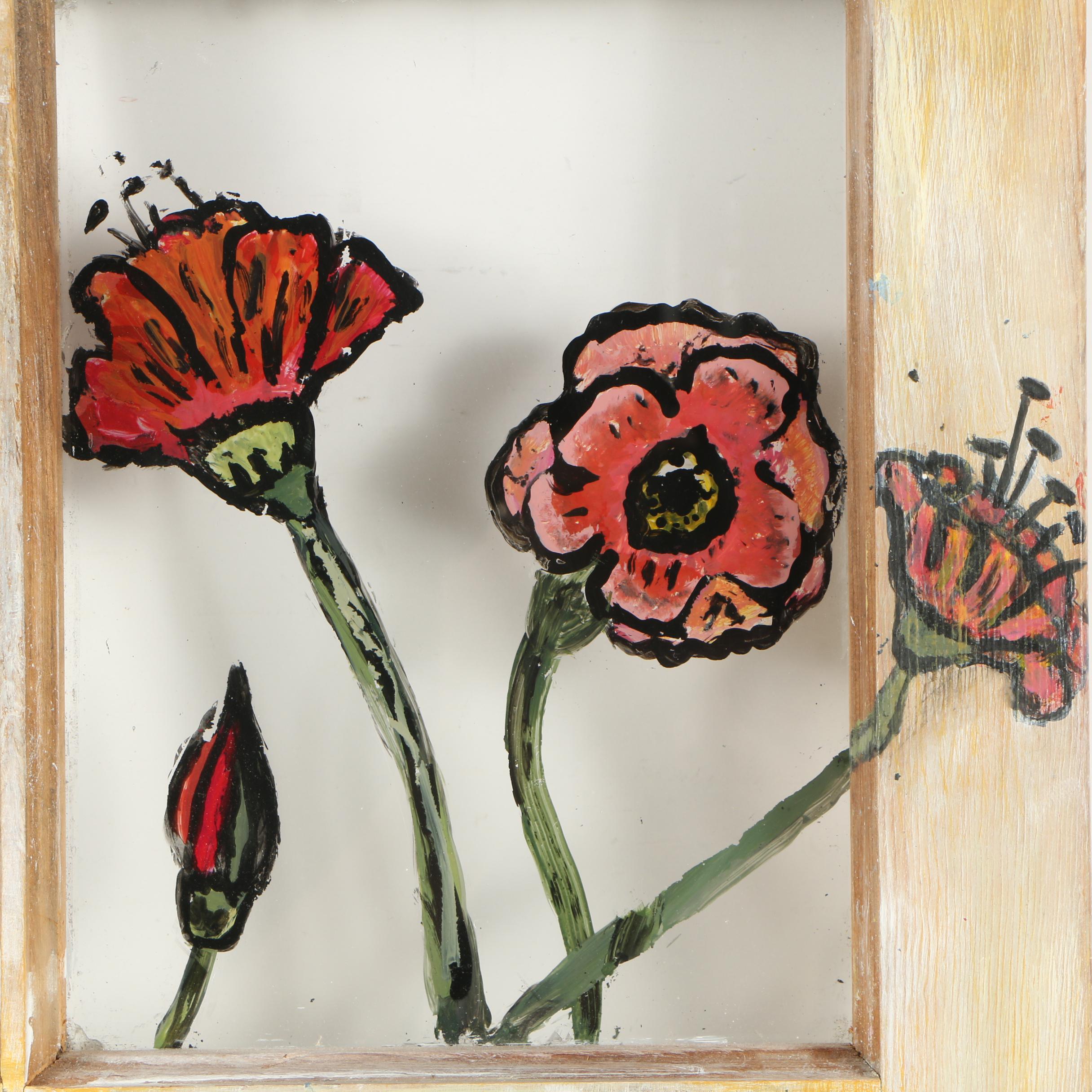 Floral Oil Painting on Glass Paned Window