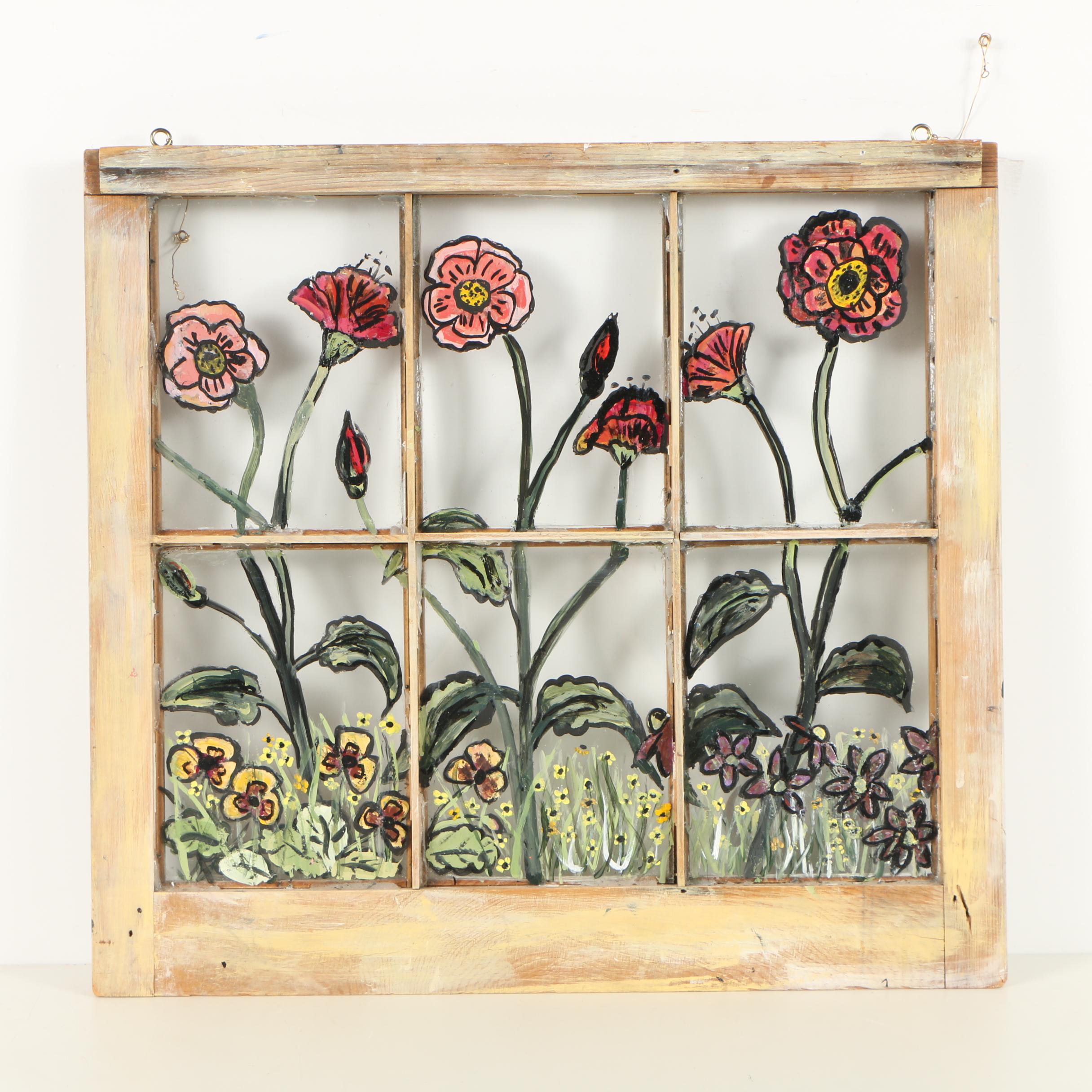 Floral Oil Painting on Glass Paned Window