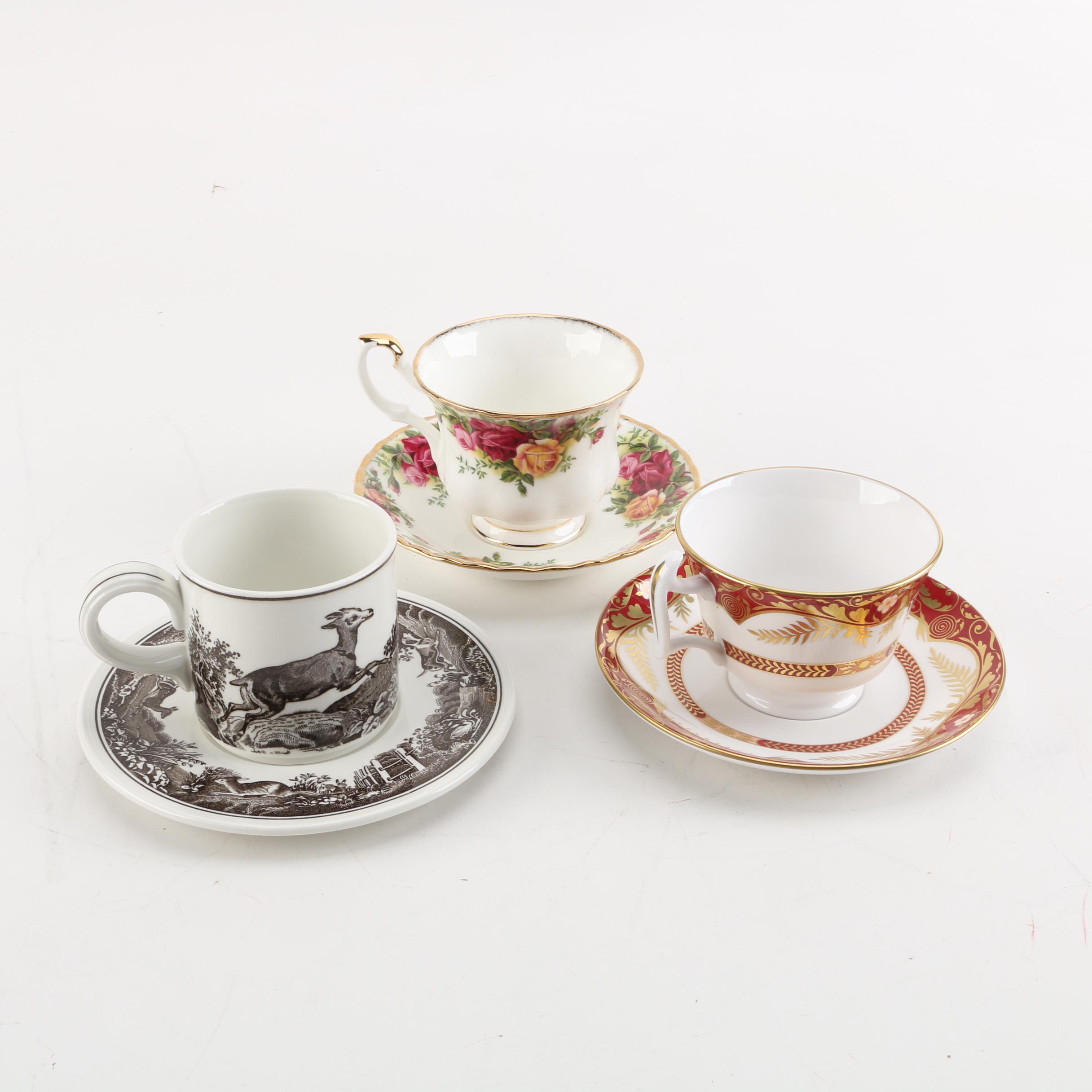 Bone China Teacups and Saucers Including Spode and Villeroy and Boch "Anjou"