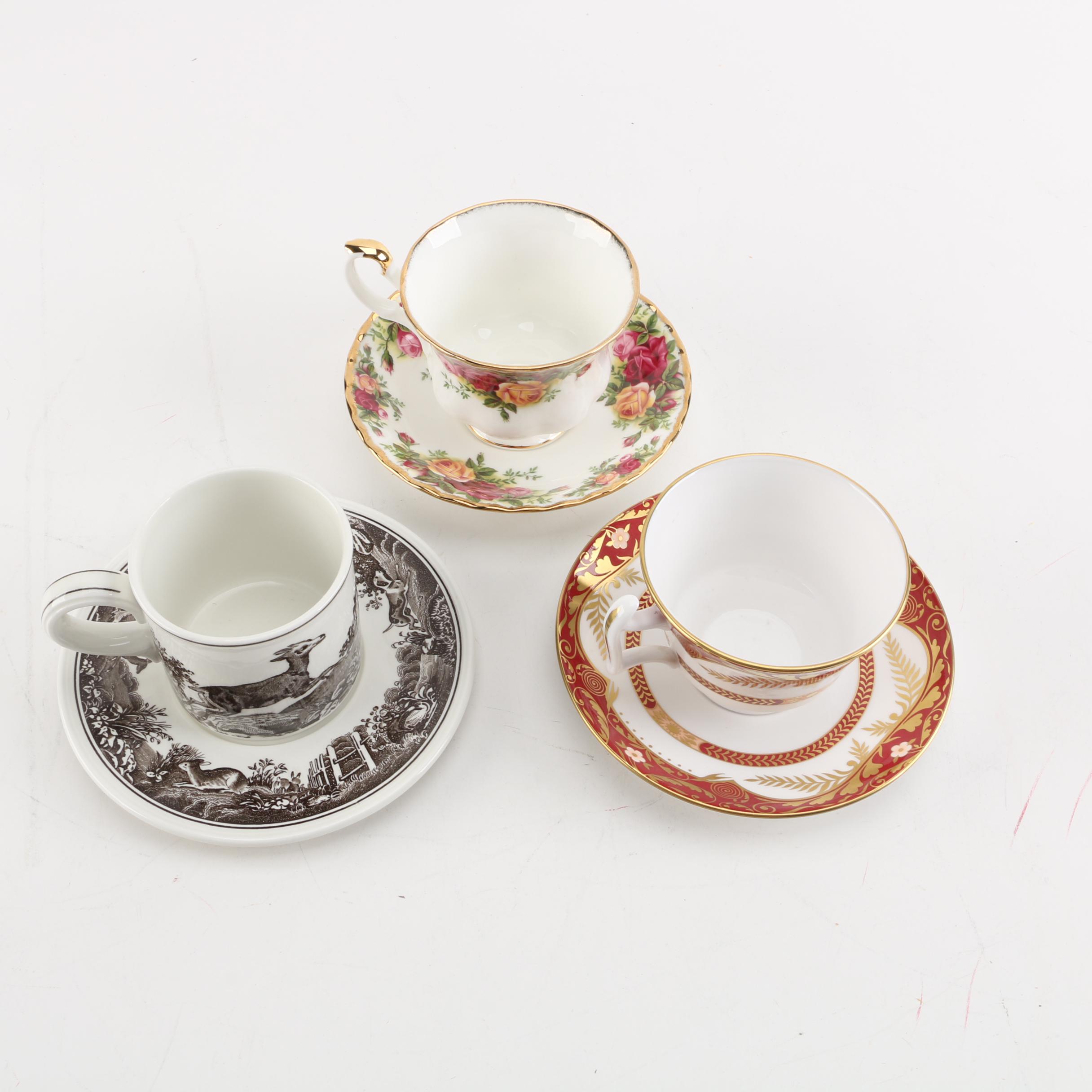 Bone China Teacups and Saucers Including Spode and Villeroy and Boch "Anjou"