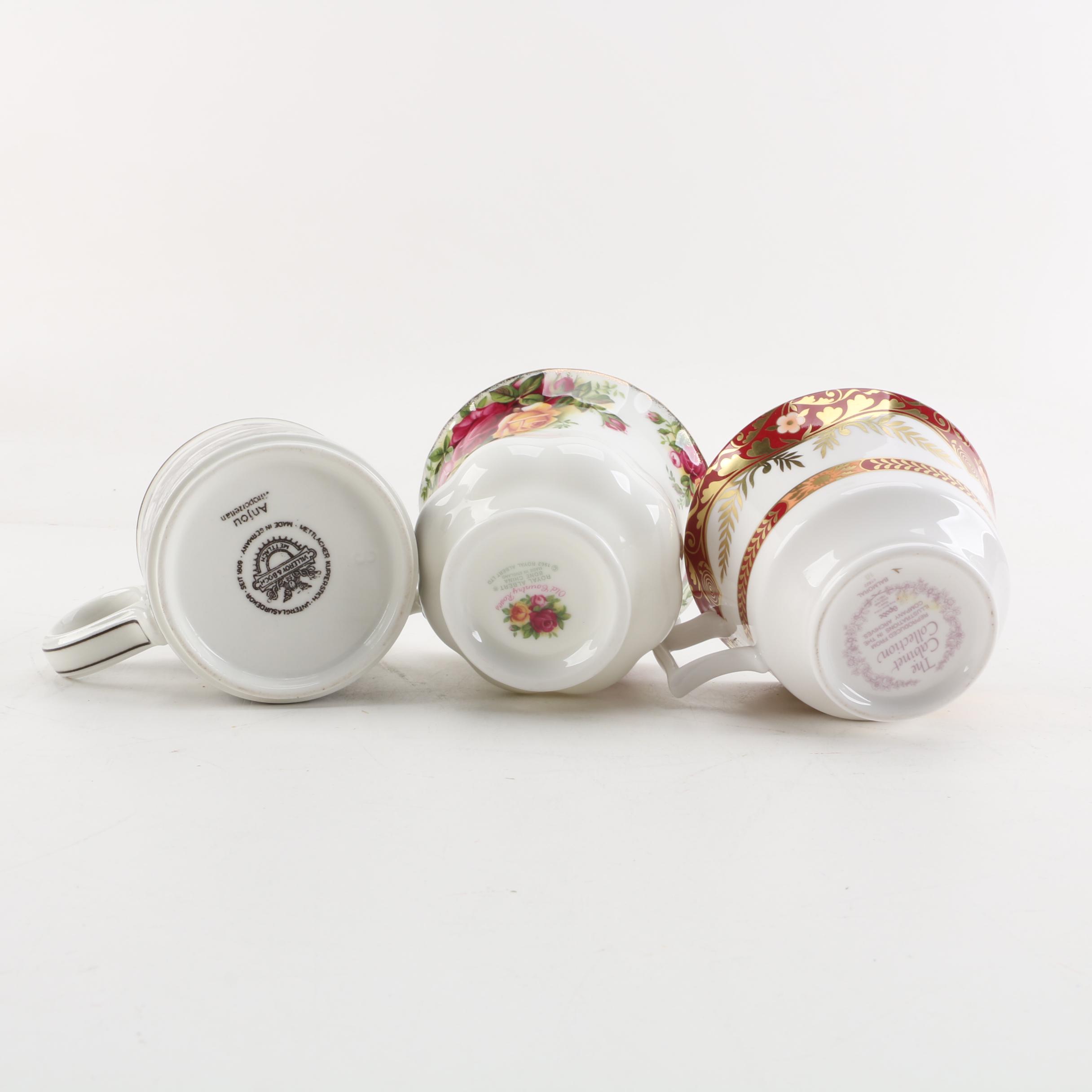 Bone China Teacups and Saucers Including Spode and Villeroy and Boch "Anjou"