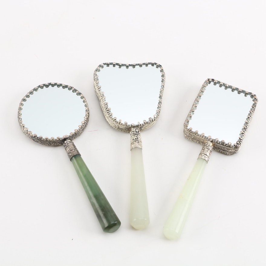 Hand-Painted Chinese Hand Mirrors with Bowenite Handles