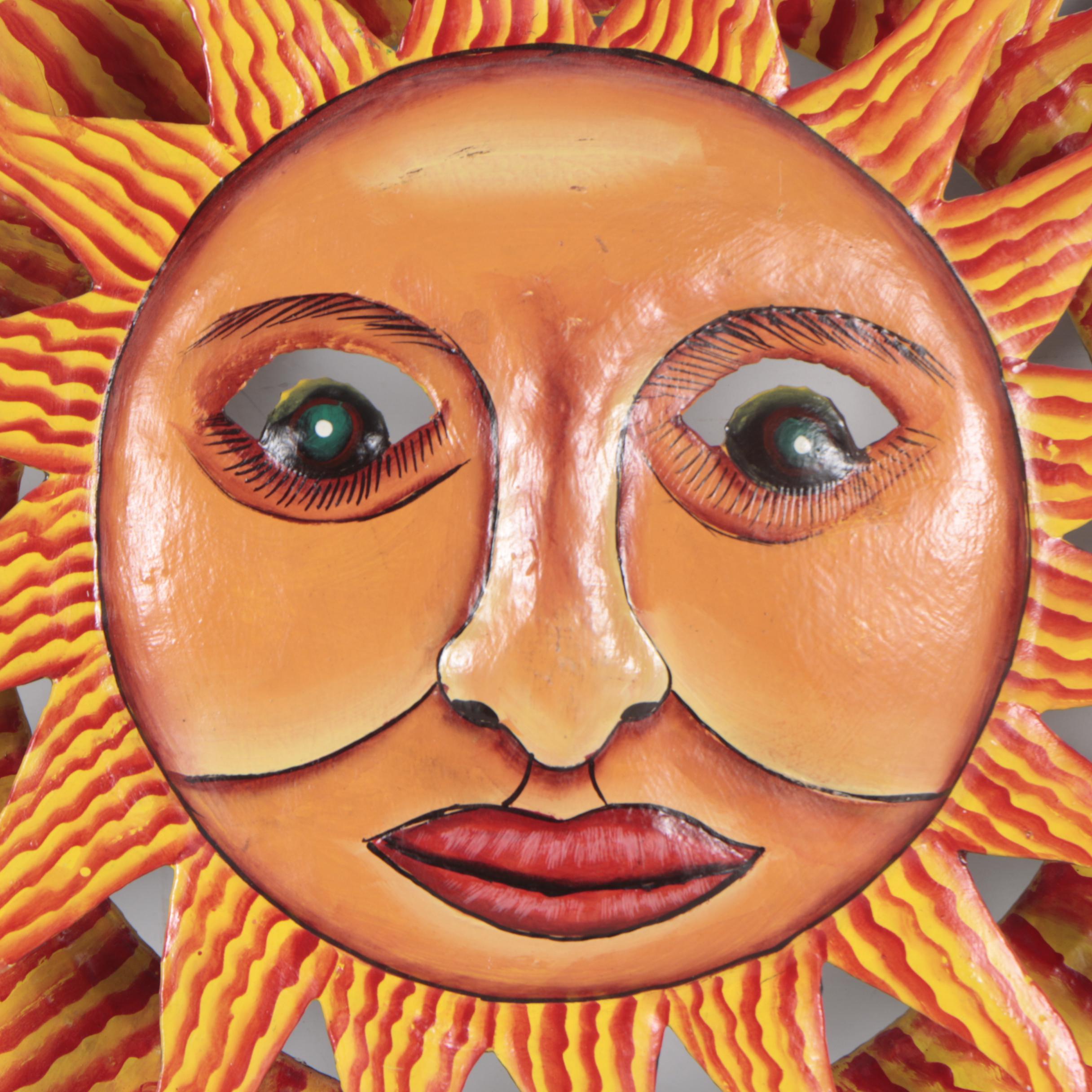 Mexican-Style Hand-Painted Sun with Zodiac Symbols Wall Hanging