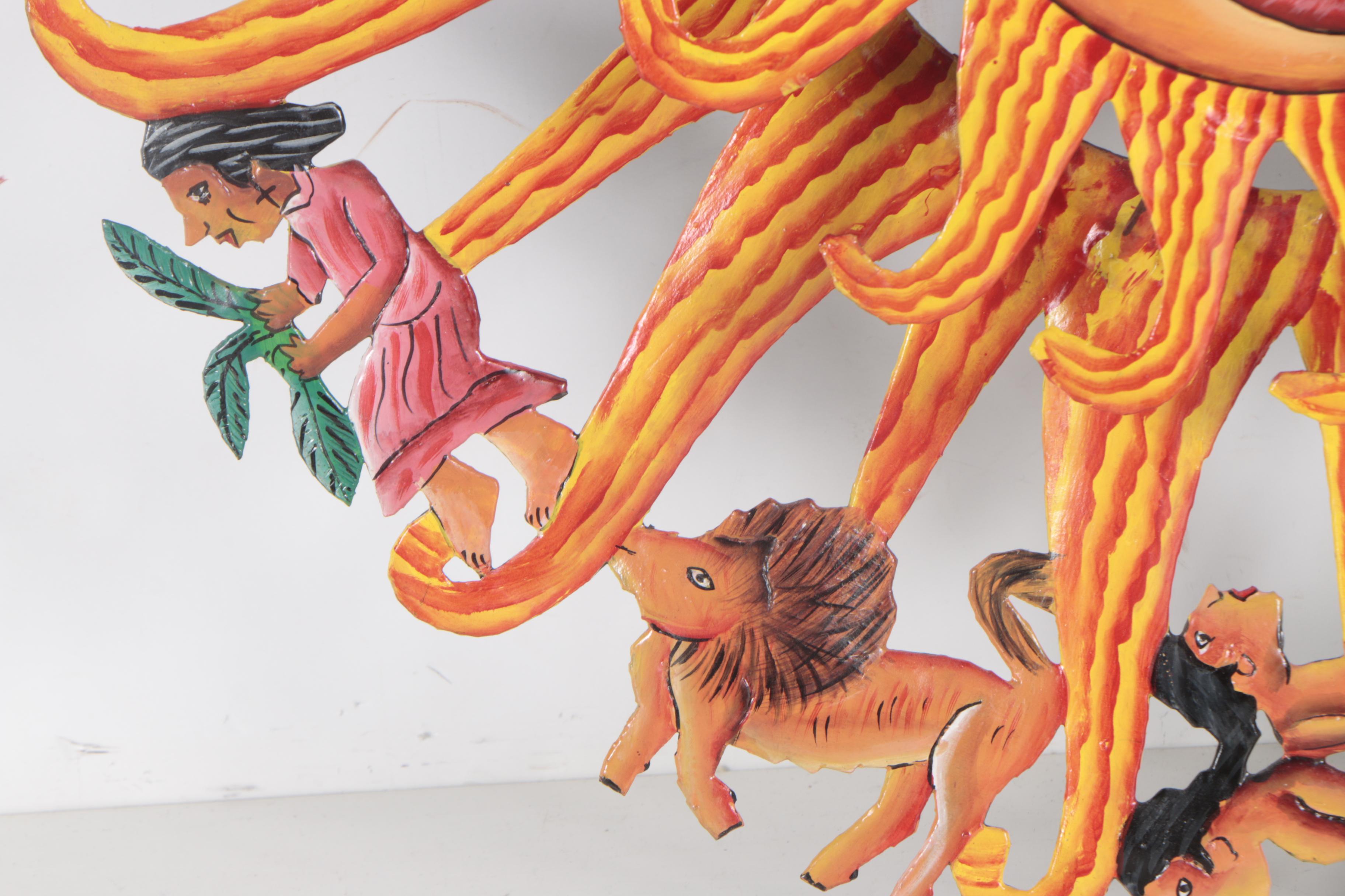 Mexican-Style Hand-Painted Sun with Zodiac Symbols Wall Hanging