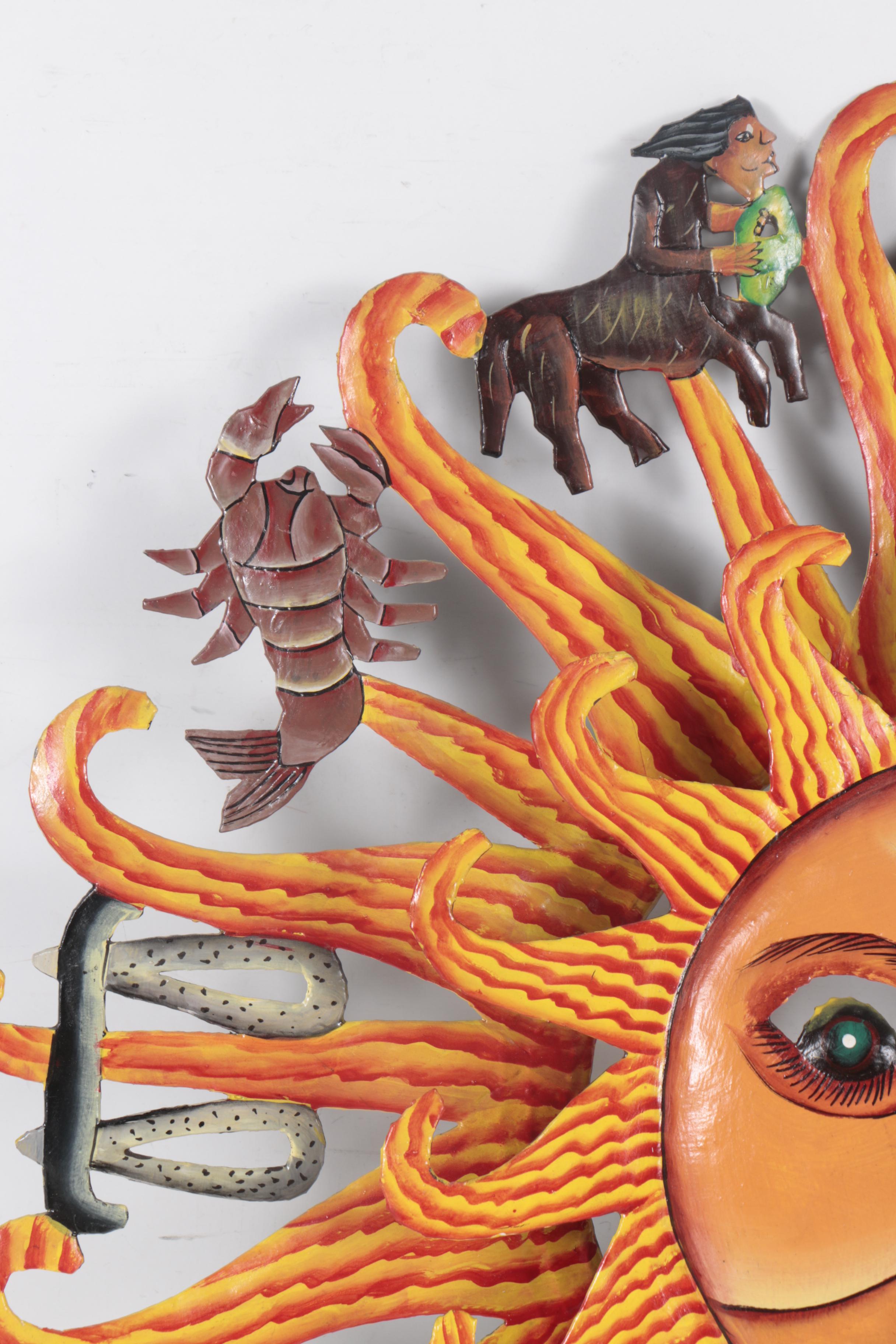 Mexican-Style Hand-Painted Sun with Zodiac Symbols Wall Hanging