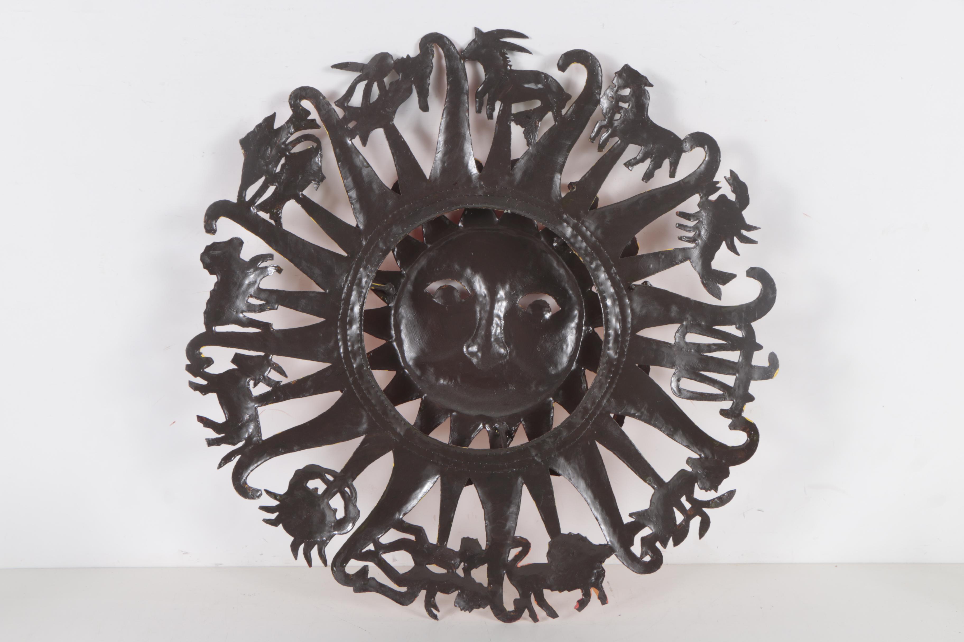 Mexican-Style Hand-Painted Sun with Zodiac Symbols Wall Hanging