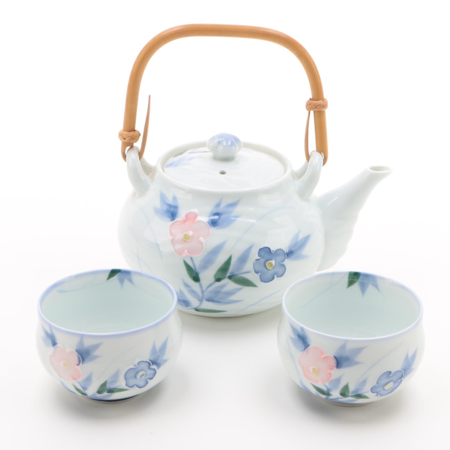 Japanese Floral Motif Porcelain Teapot and Cups