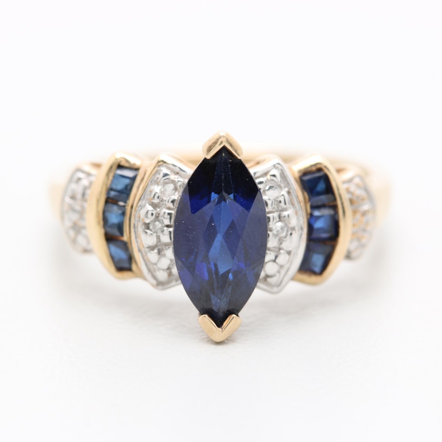 10K Yellow and White Gold Synthetic Blue Sapphire and Diamond Ring