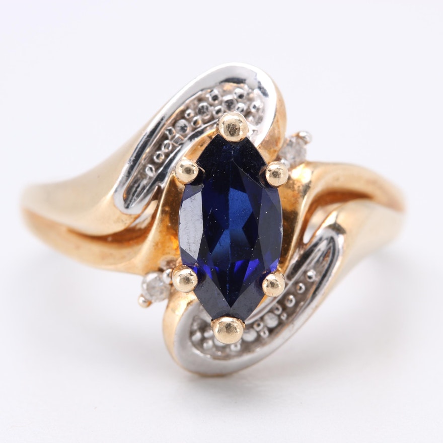 10K Yellow Gold Synthetic Sapphire and Diamond Ring with White Gold Accents