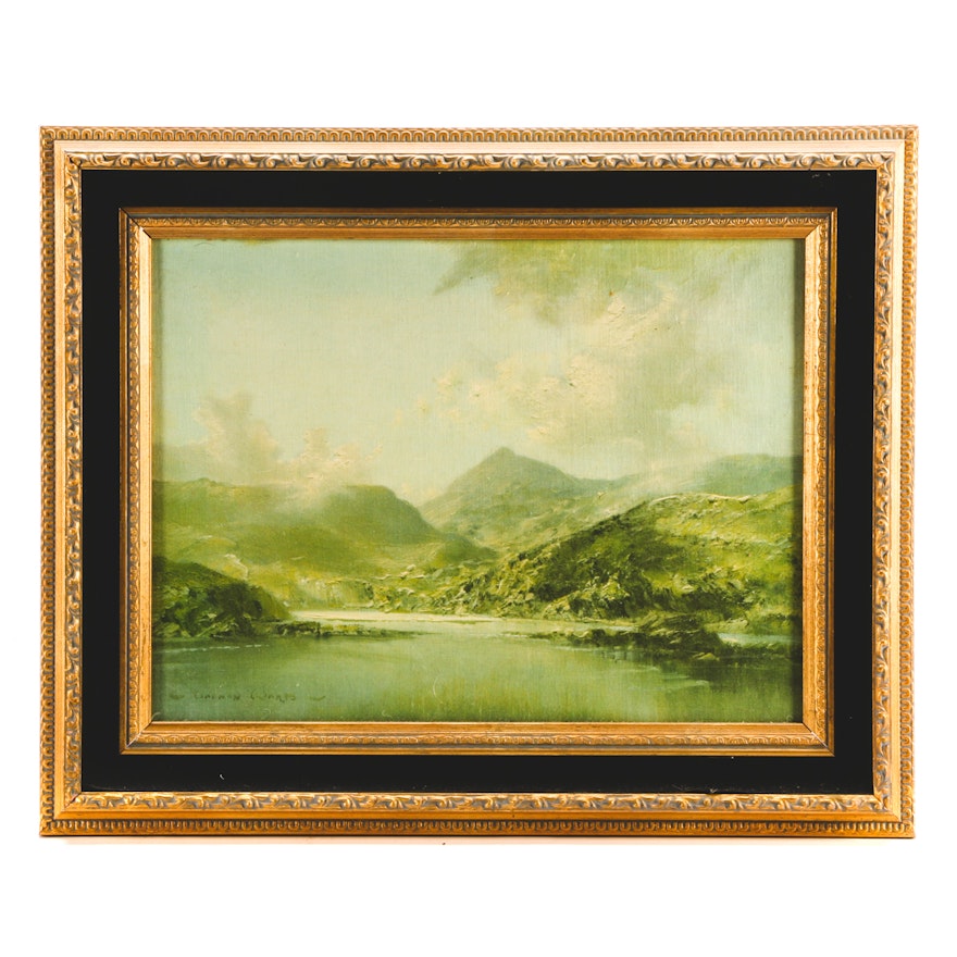 Offset Lithograph on Canvas of Mountain Lake Scene