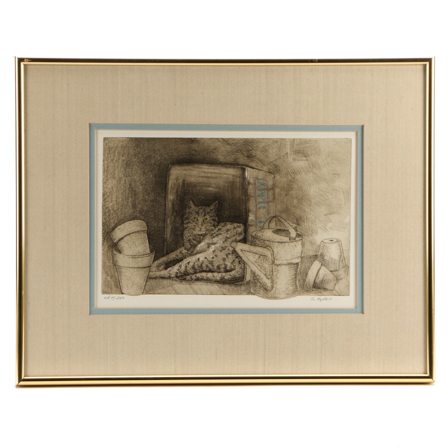 S. Hydell Aquatint Etching on Paper of Cat in Box