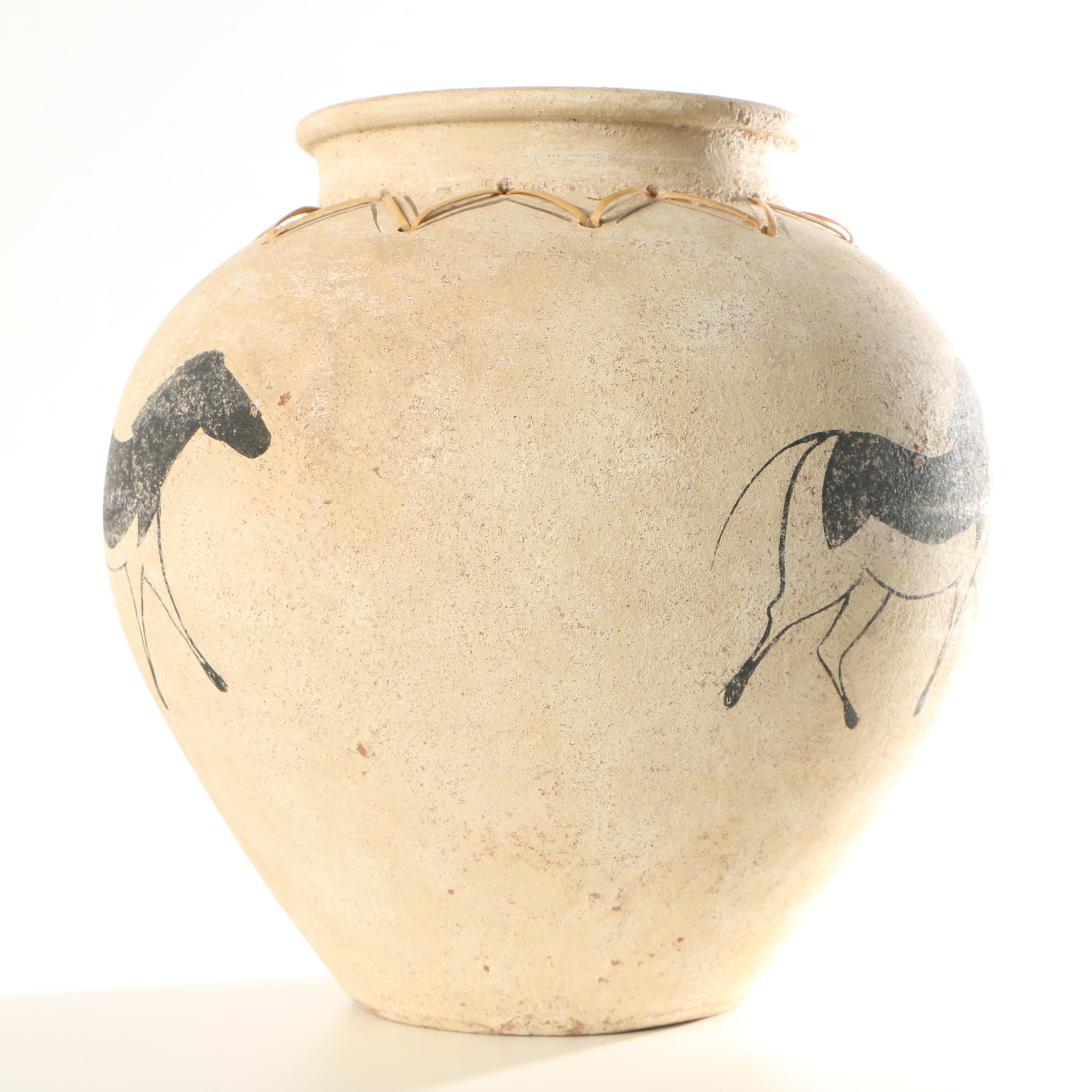 Southwestern Inspired Earthenware Ceramic Vase with Pony Decoration