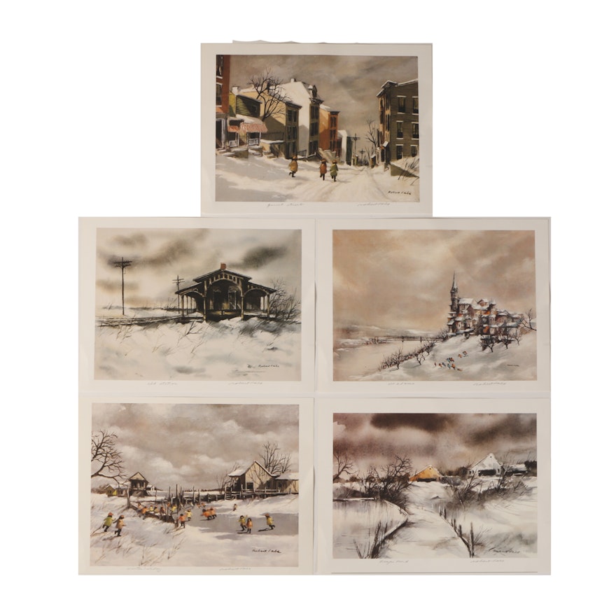 Collection of Five Robert Fabe Offset Lithograph Prints of Winter Scenes