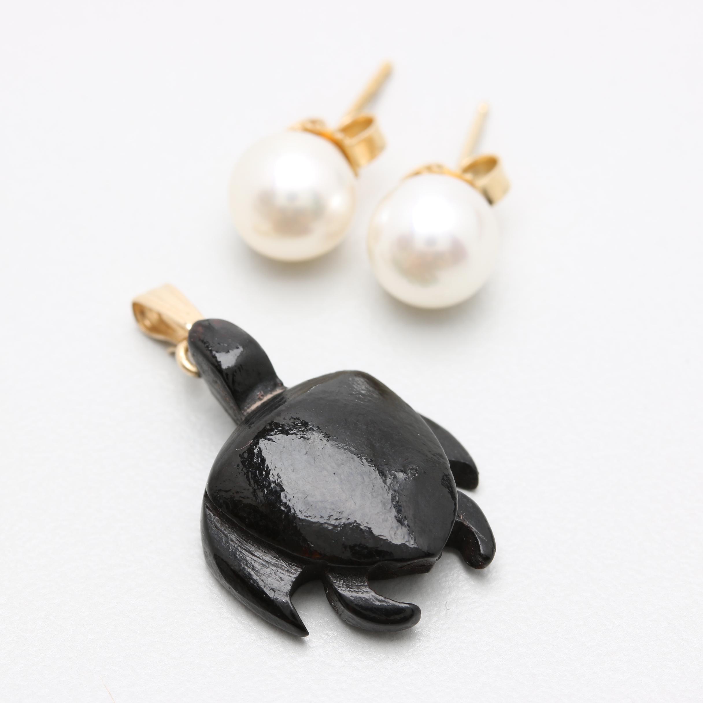 14K Yellow Gold Black Coral and Cultured Pearl Stud Earrings and Pendant