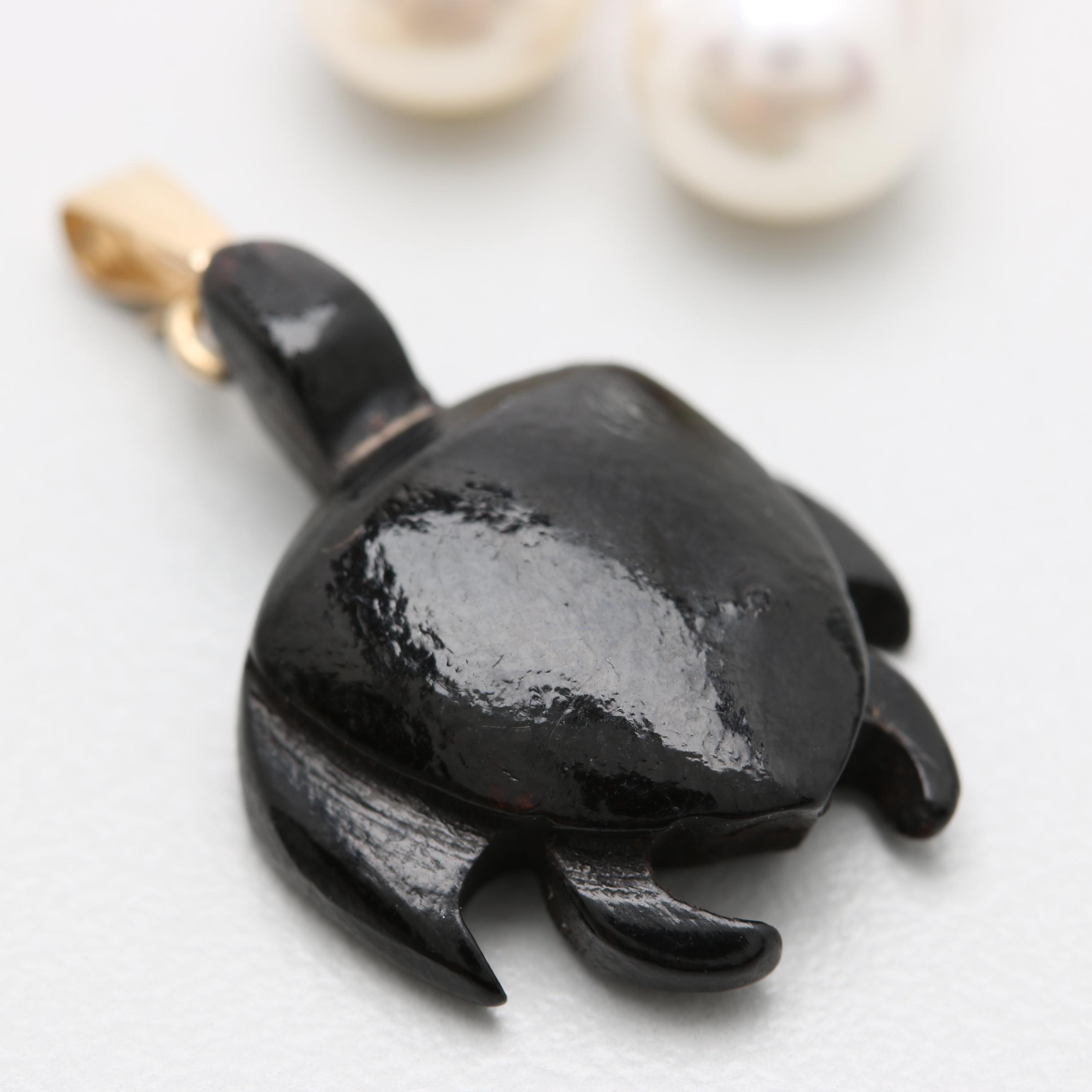 14K Yellow Gold Black Coral and Cultured Pearl Stud Earrings and Pendant