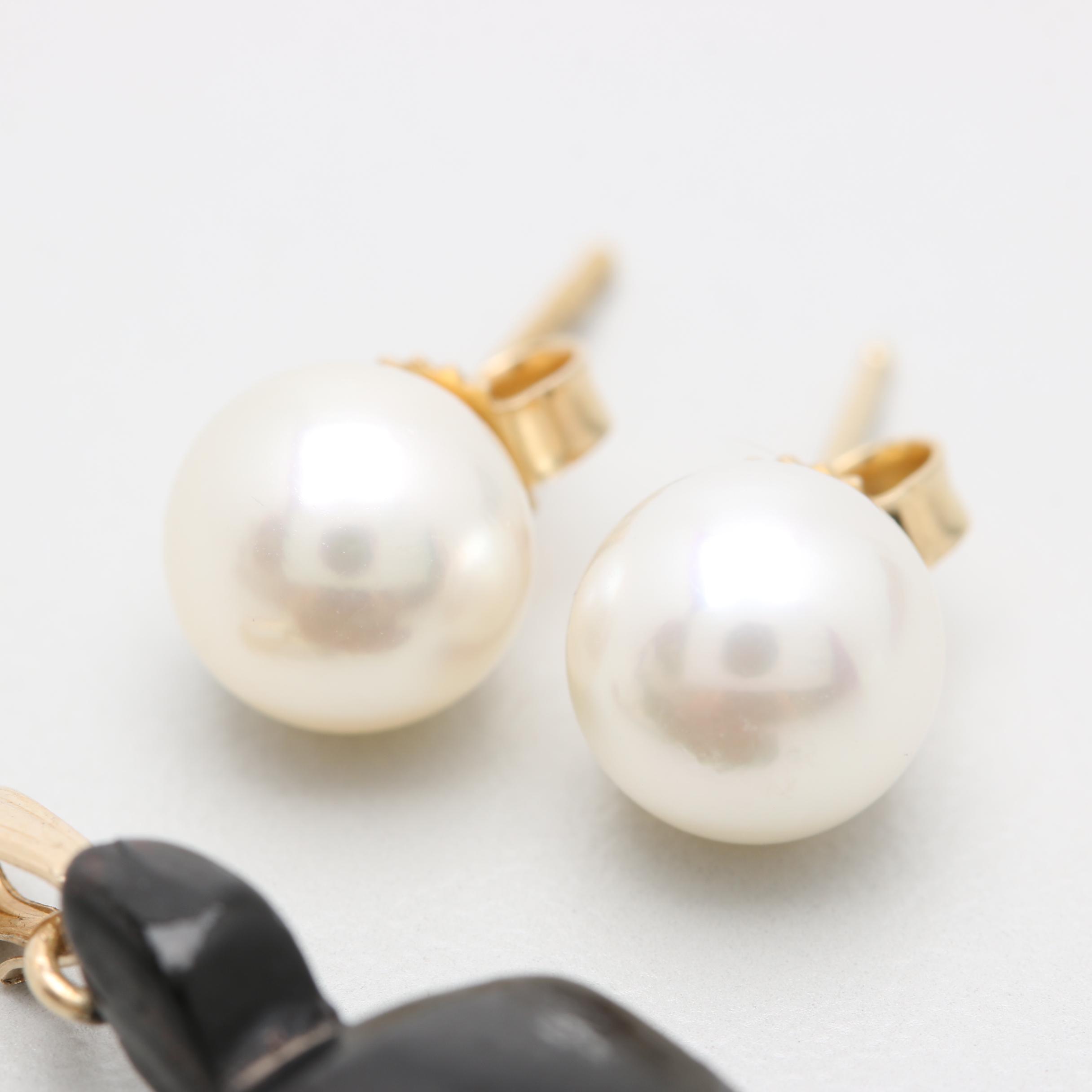 14K Yellow Gold Black Coral and Cultured Pearl Stud Earrings and Pendant