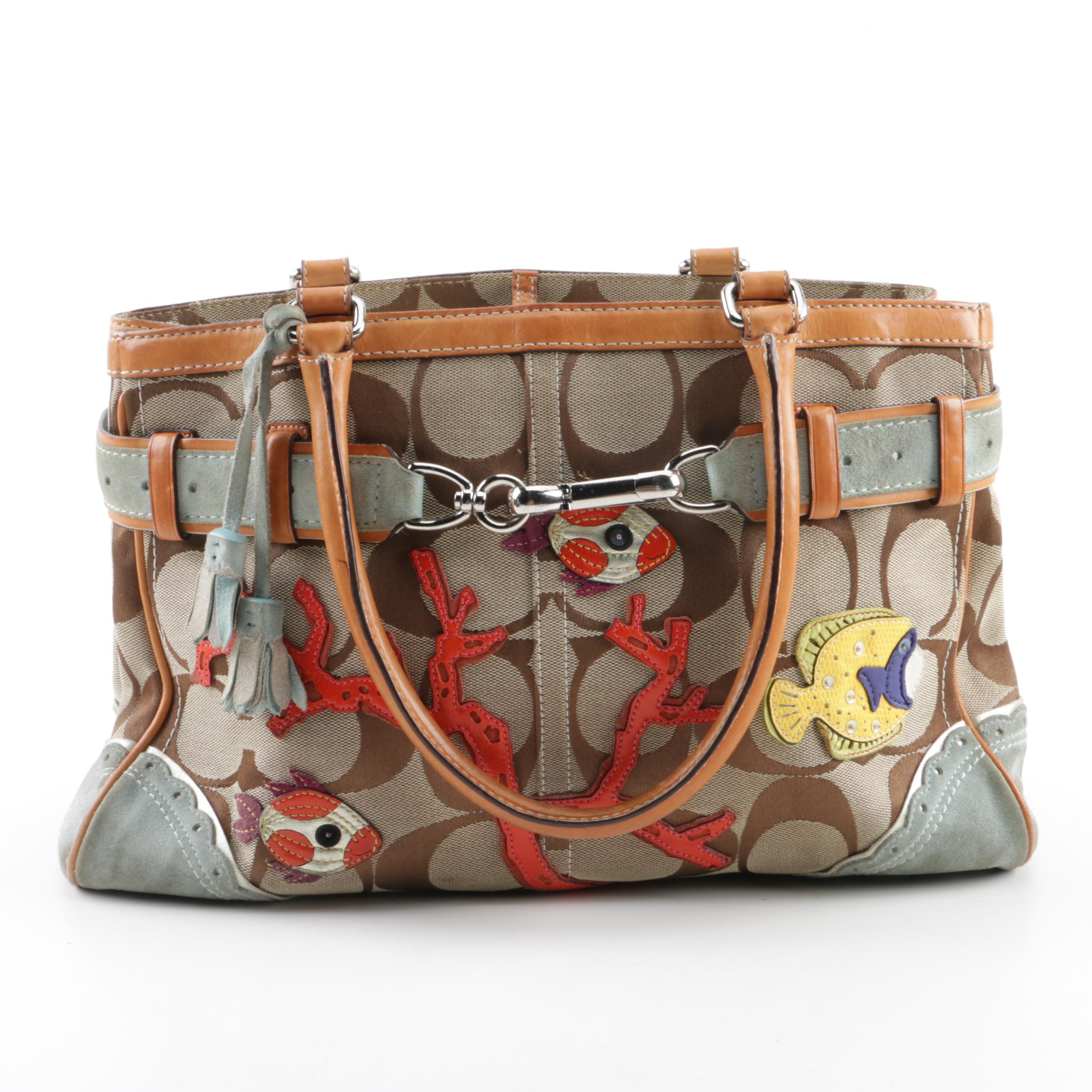 Coach Signature Canvas Satchel with Fish and Coral Applique