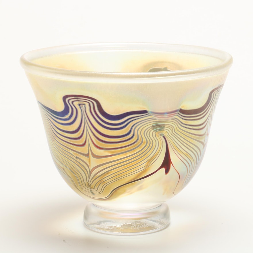 1997 Marc S. Bouttè Feathered Iridescent Art Glass Footed Bowl