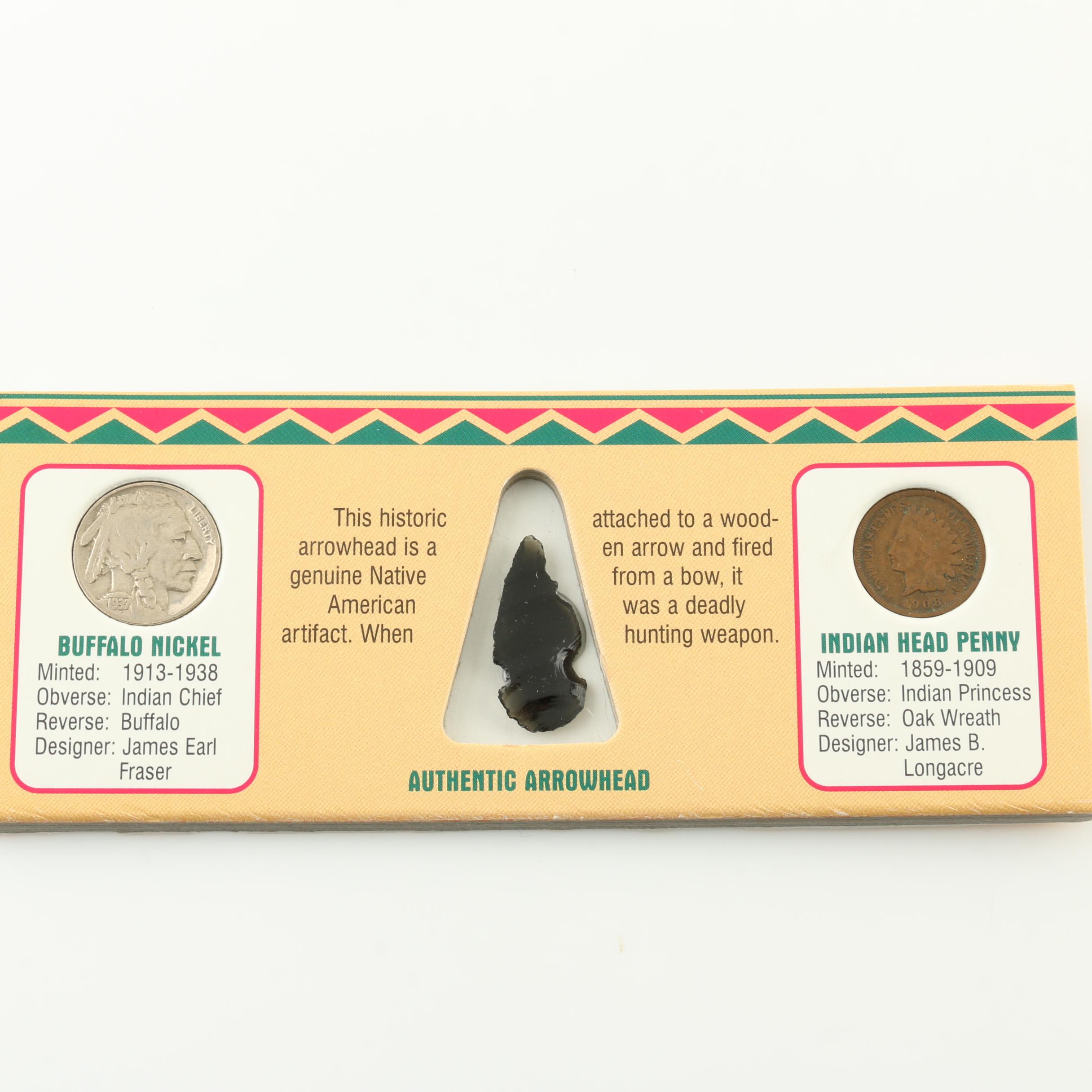 "Native American Arrowhead and Coin Collection" and a 3-Cent Nickel Coin