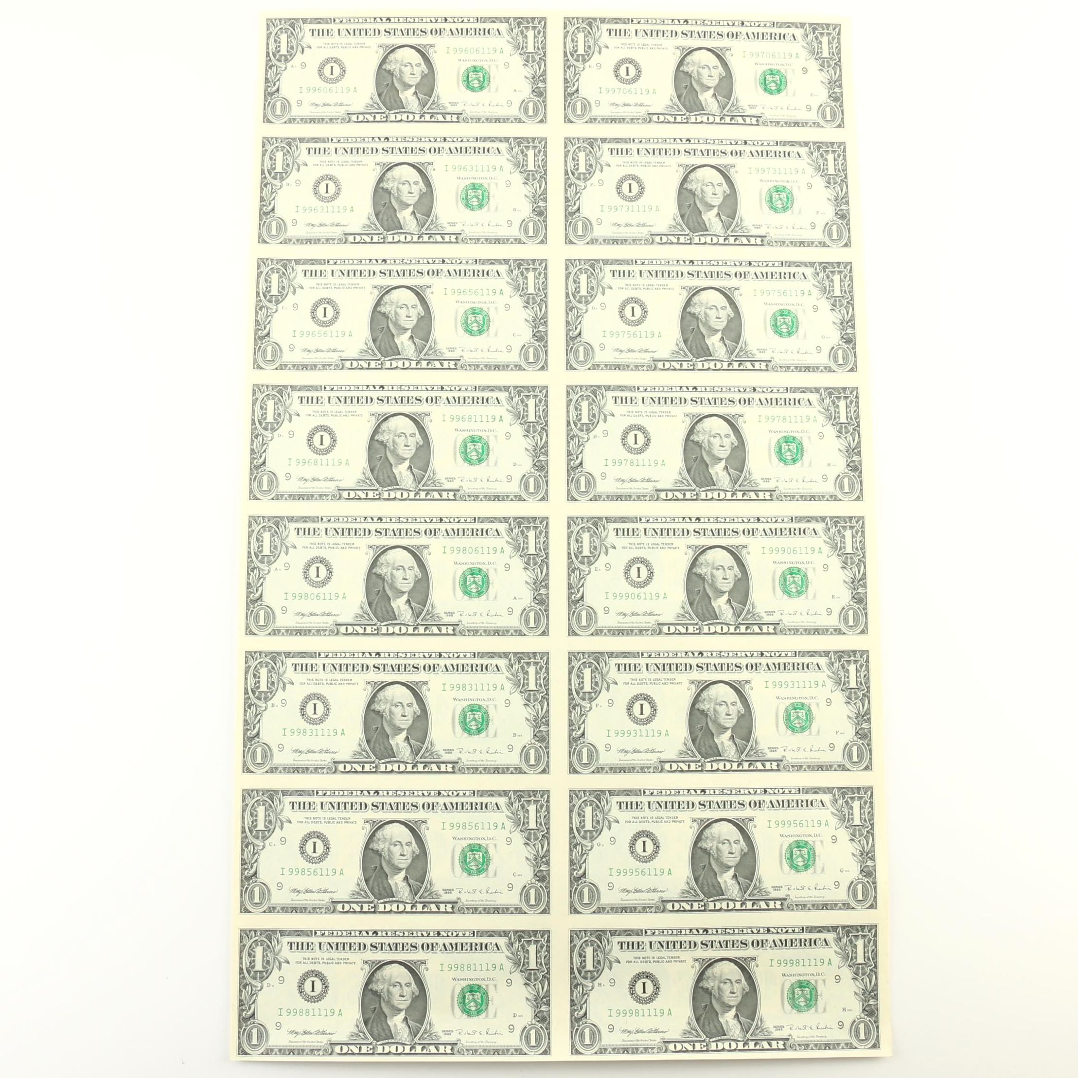 Uncut Sheet of Sixteen $1 Federal Reserve Notes