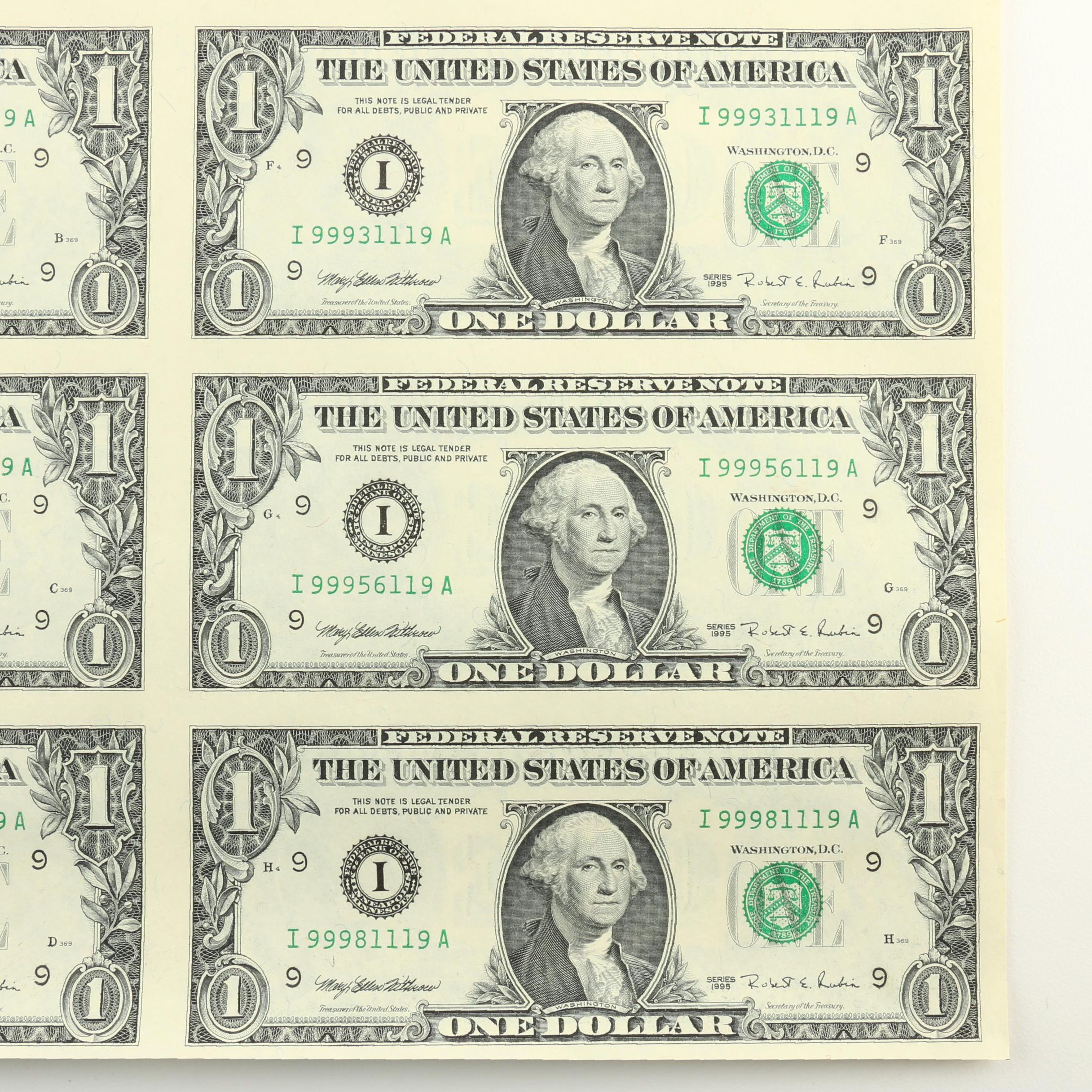 Uncut Sheet of Sixteen $1 Federal Reserve Notes