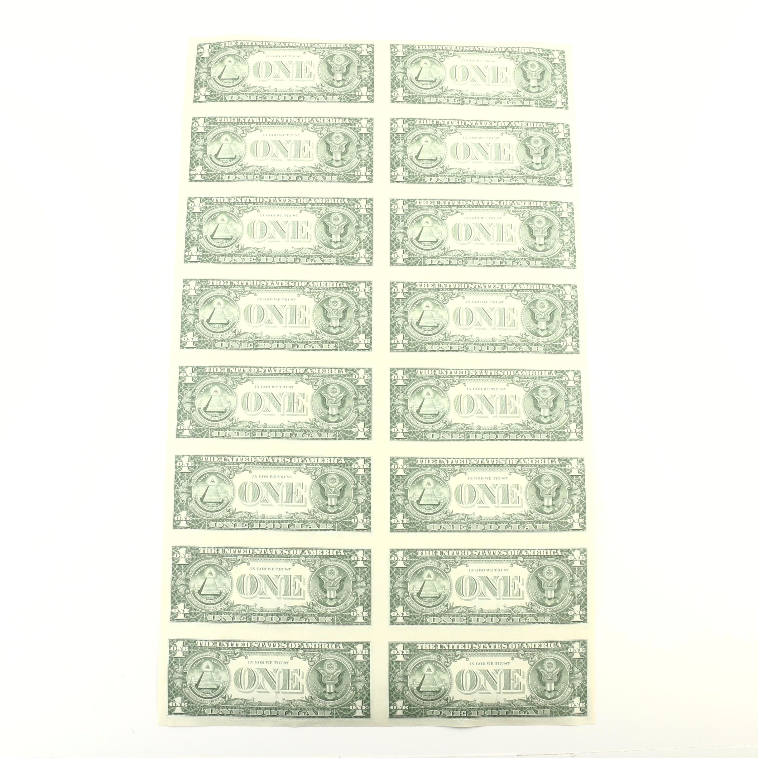 Uncut Sheet of Sixteen $1 Federal Reserve Notes