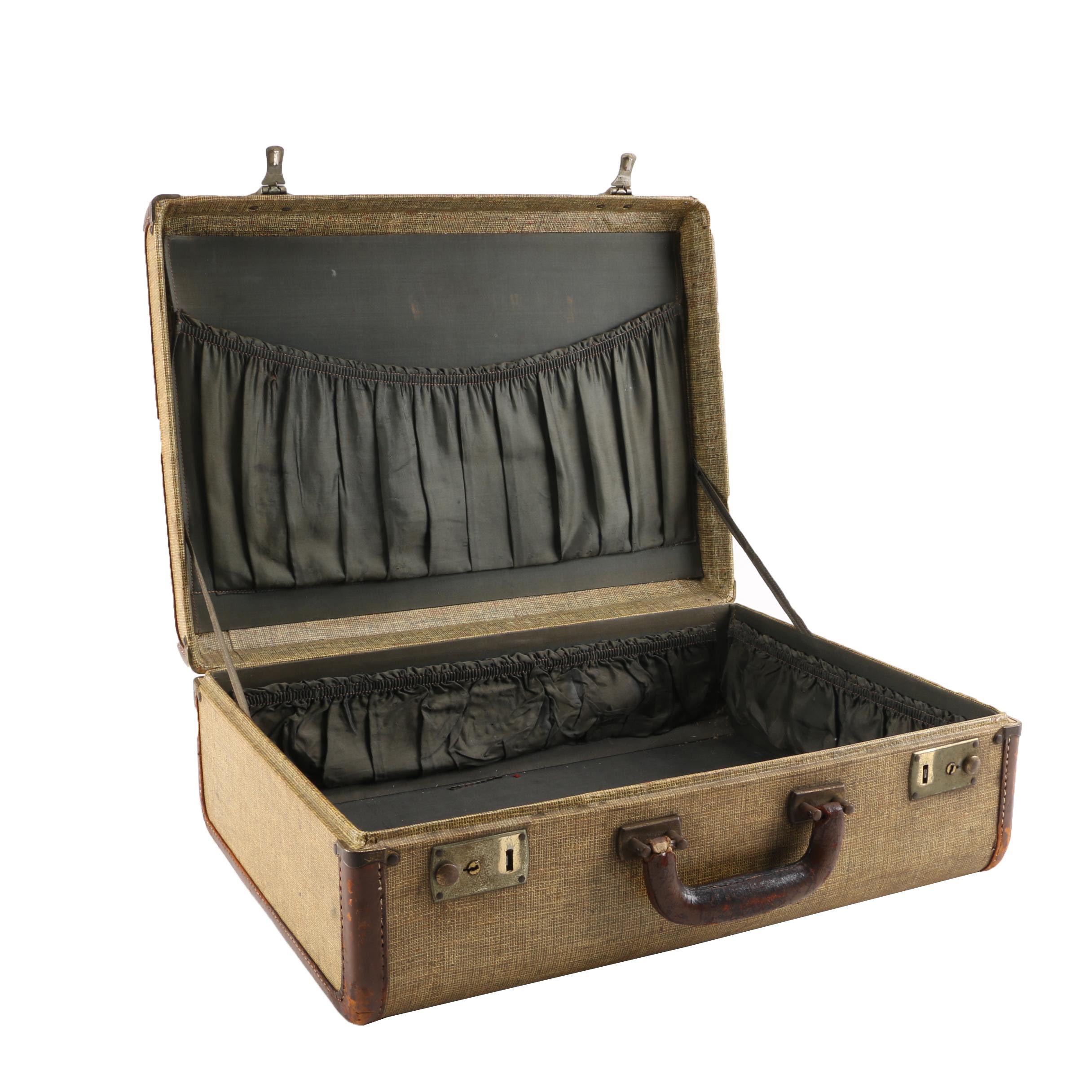 Vintage Tan Canvas Covered Suitcase with Brown Leather Handle and Trim