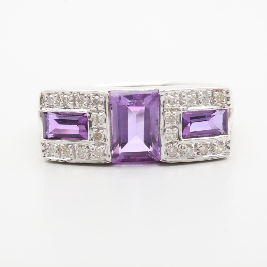 14K White Gold Amethyst and Diamond Ring