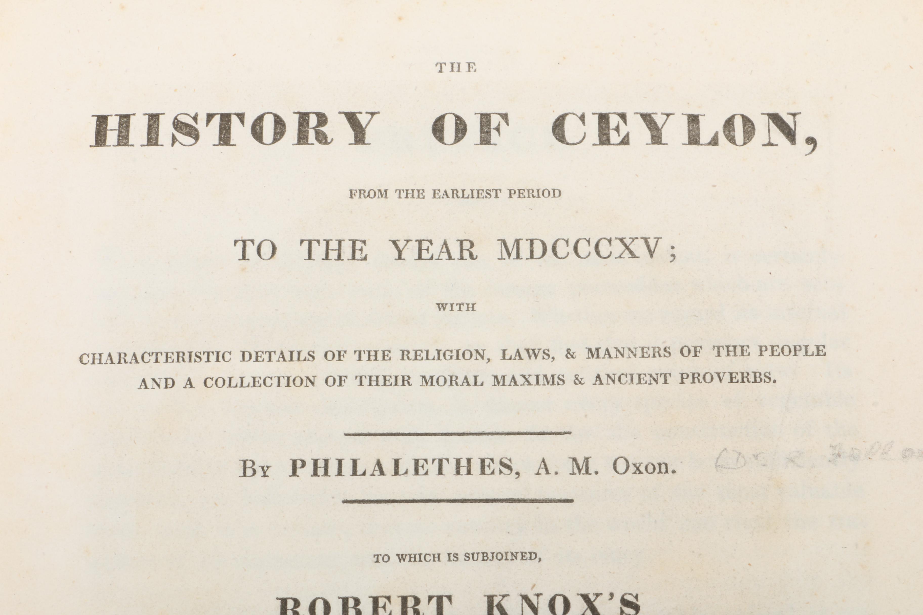 1817 "The History of Ceylon From the Earliest Period to [1815]"