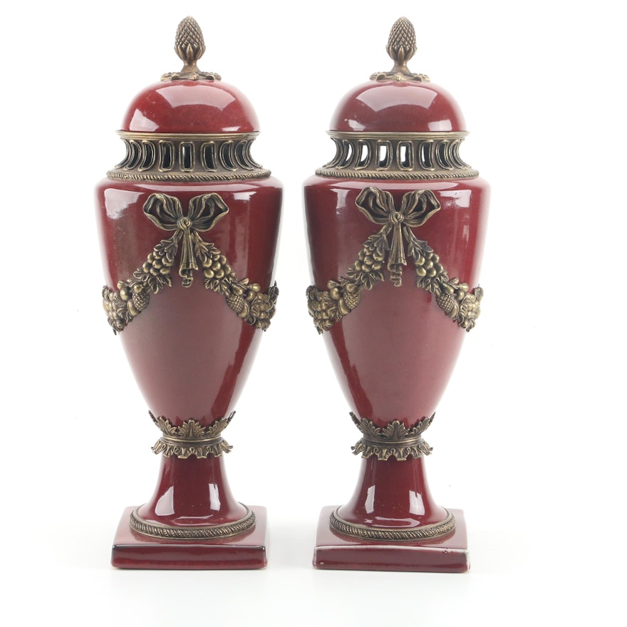 Neoclassical Style Lidded Ceramic Urns with Brass Overlay