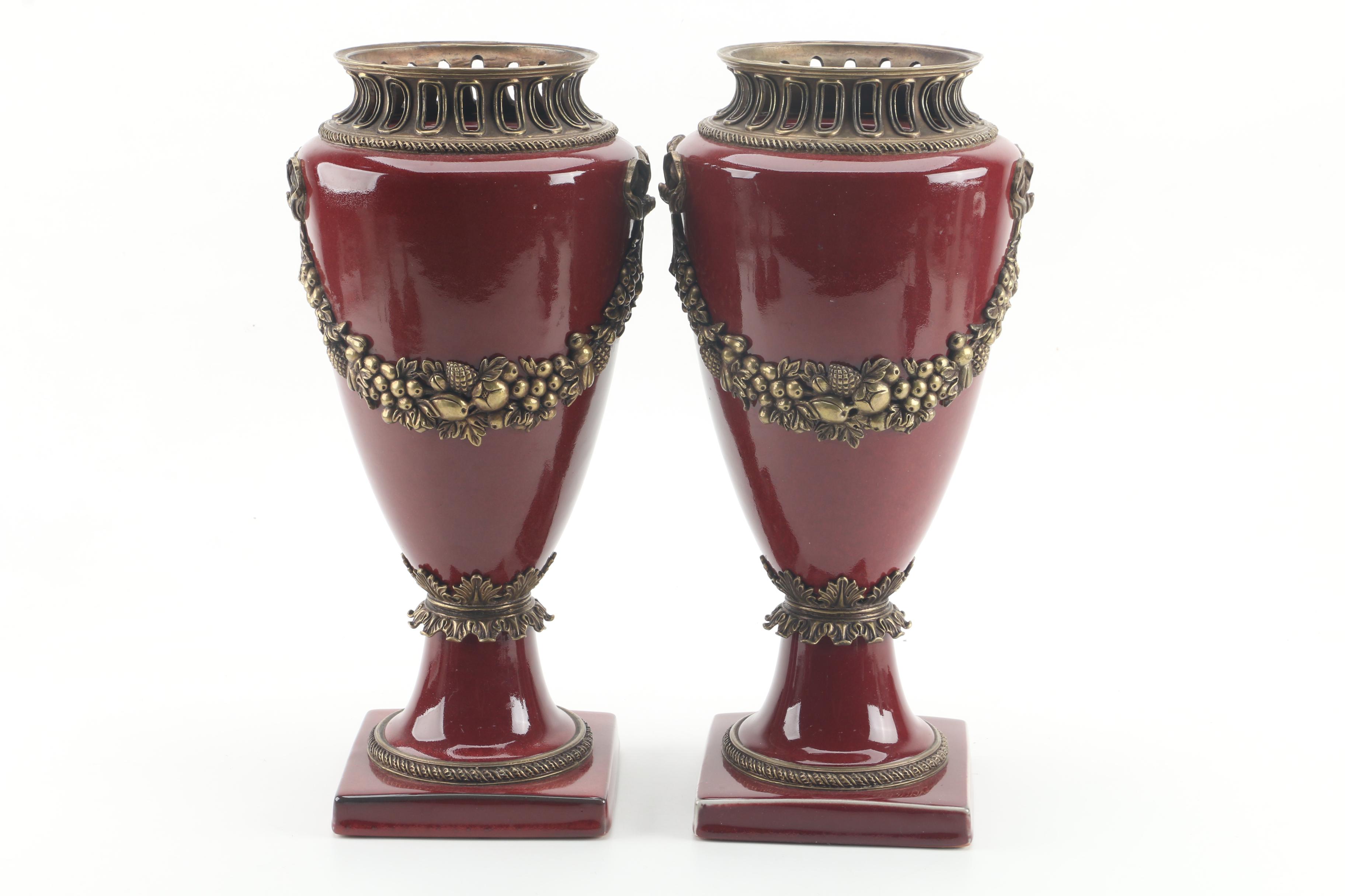 Neoclassical Style Lidded Ceramic Urns with Brass Overlay