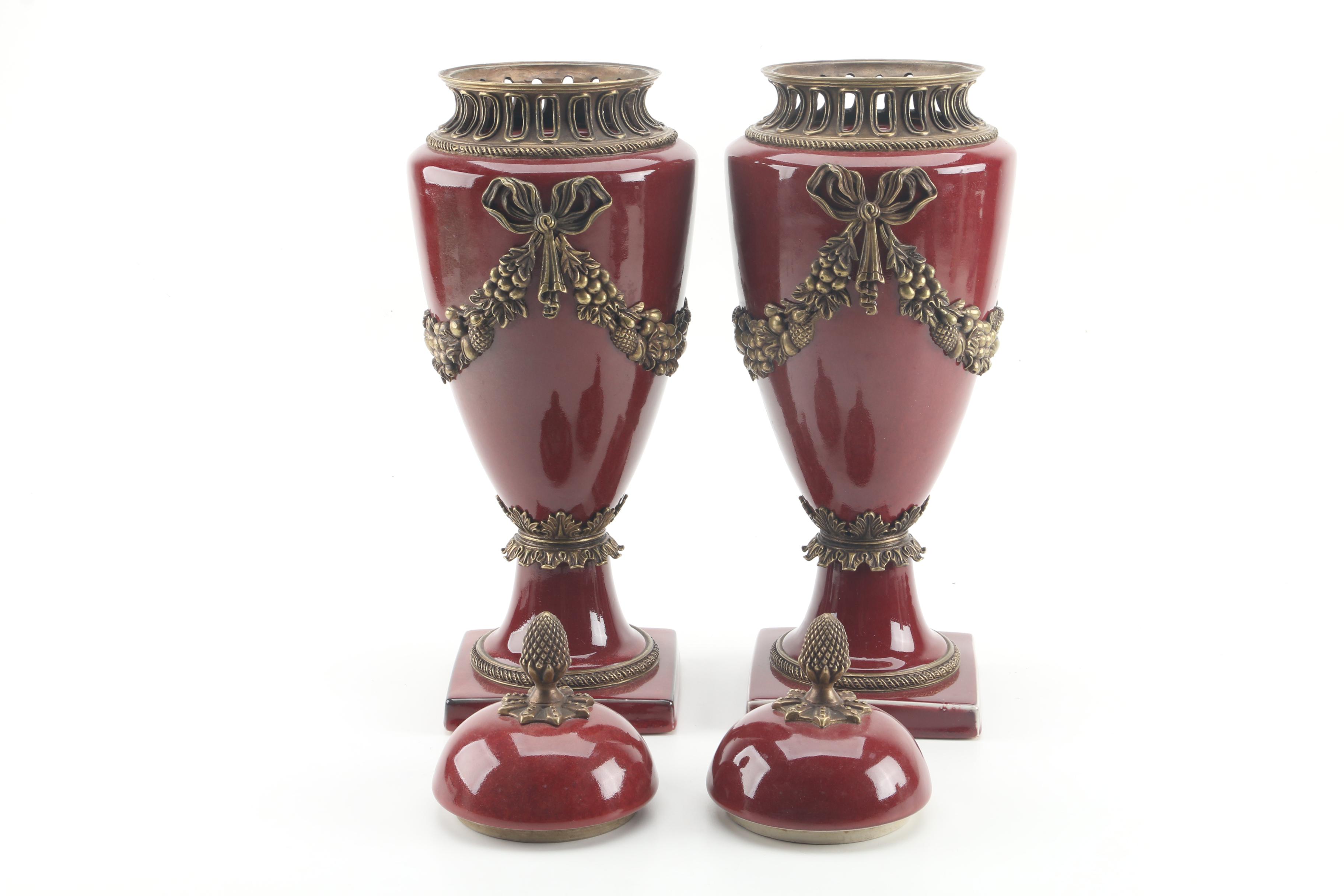 Neoclassical Style Lidded Ceramic Urns with Brass Overlay