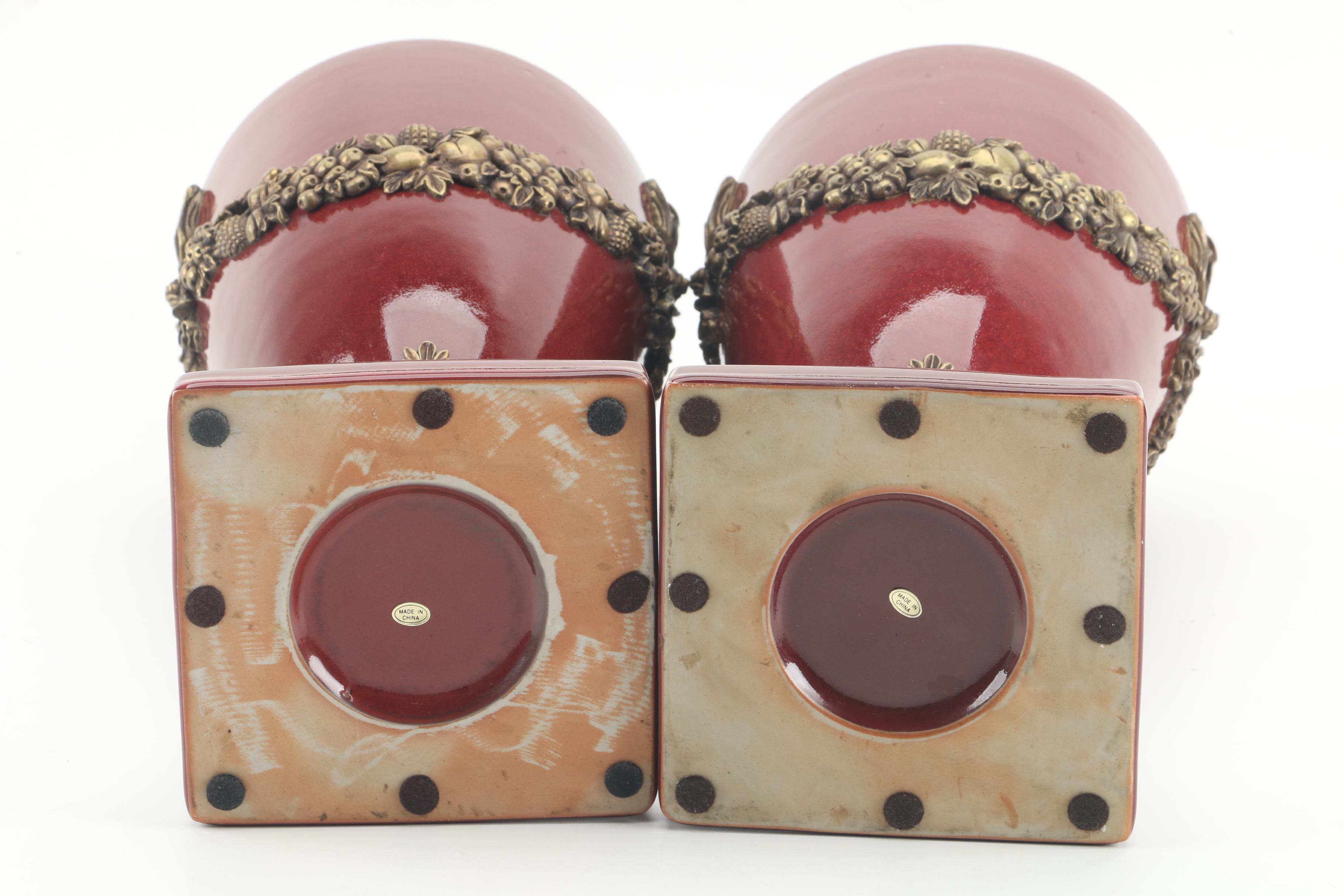 Neoclassical Style Lidded Ceramic Urns with Brass Overlay